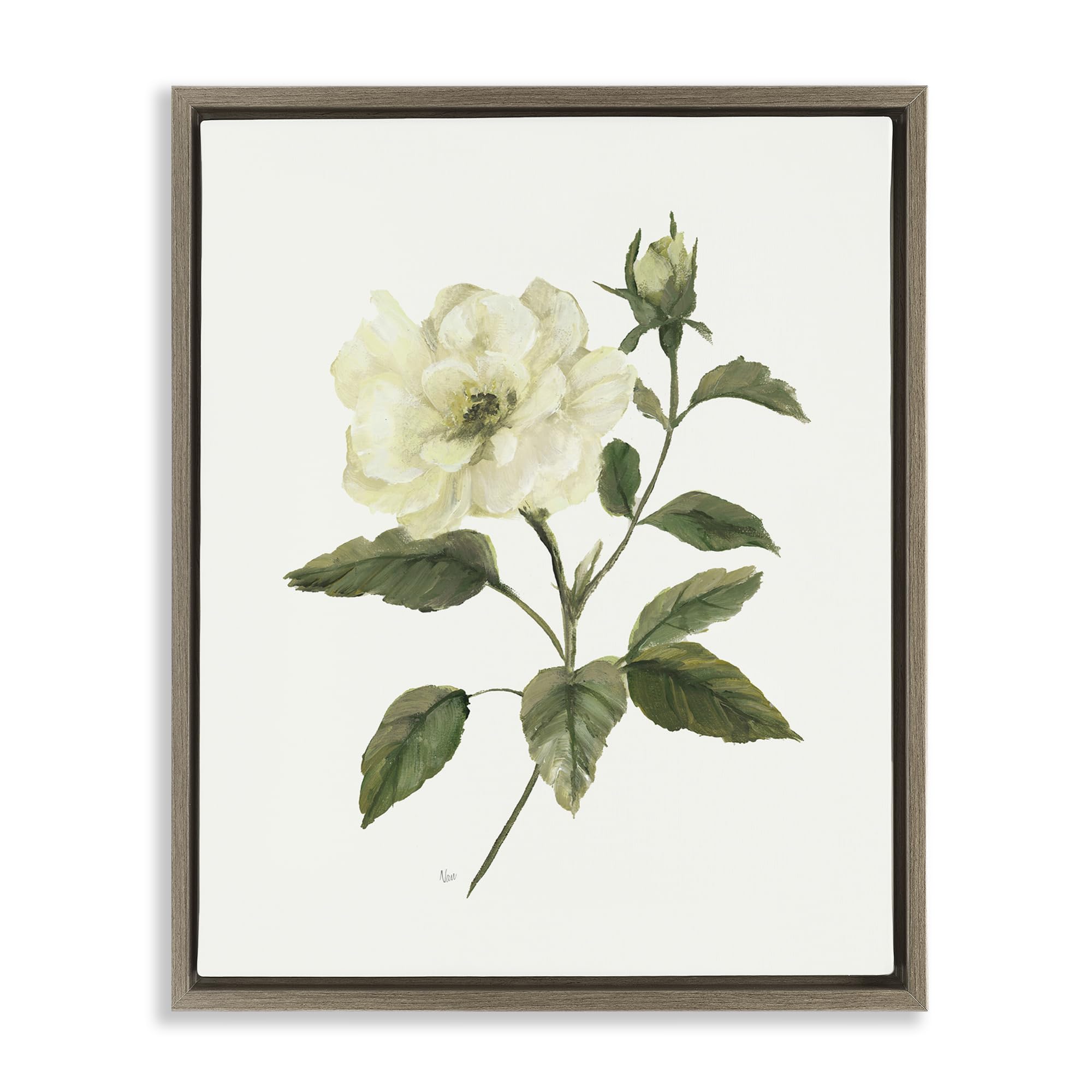 Stupell Industries Montalcino Elm (Textured) 'Ivory Rose Bloom With Green Foliage'| Floating Frame Canvas Art