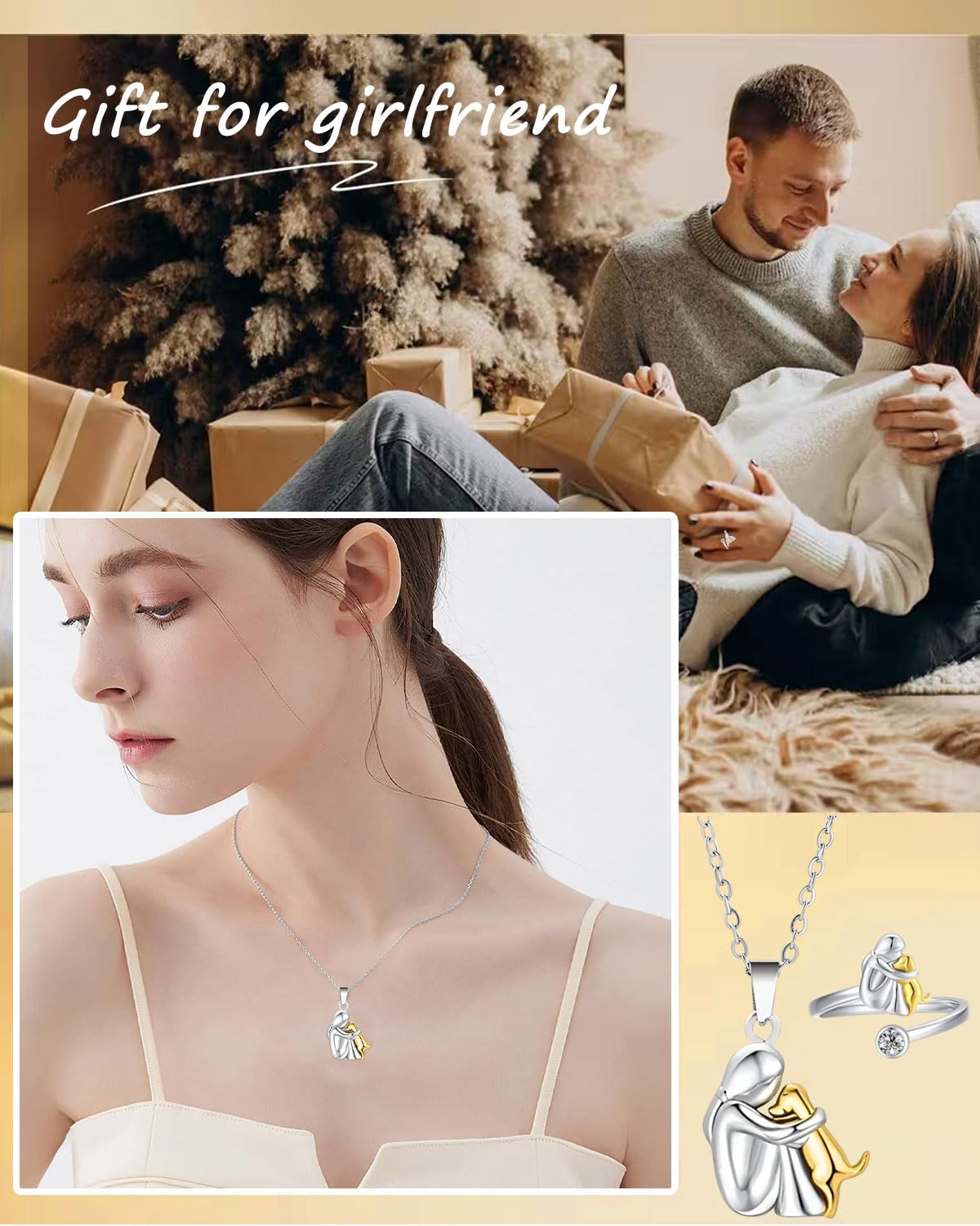Collana con cane,anelli, Collana con abbraccio di cane e ragazza, ciondolo con animale in argento sterling 925, regalo perfetto per ragazze, figlie, madri, amiche