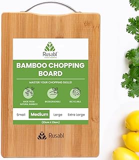 Rusabl Medium Bamboo Wooden Chopping Board, Metal Handle, 32x22 cm, BPA Free