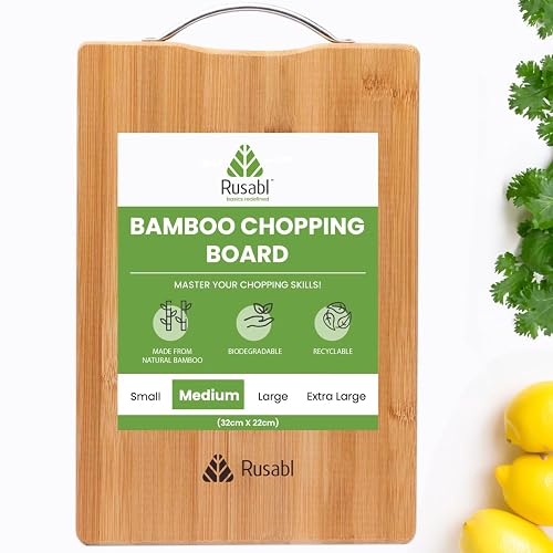 Rusabl Bamboo Wooden Chopping Board with Metal Handle, Multipurpose Cutting Board for Vegetables, Fruits & Cheese, for Kitchen Use, BPA Free, Eco-Friendly, Anti-Microbial (M, 32 x 22 cms)