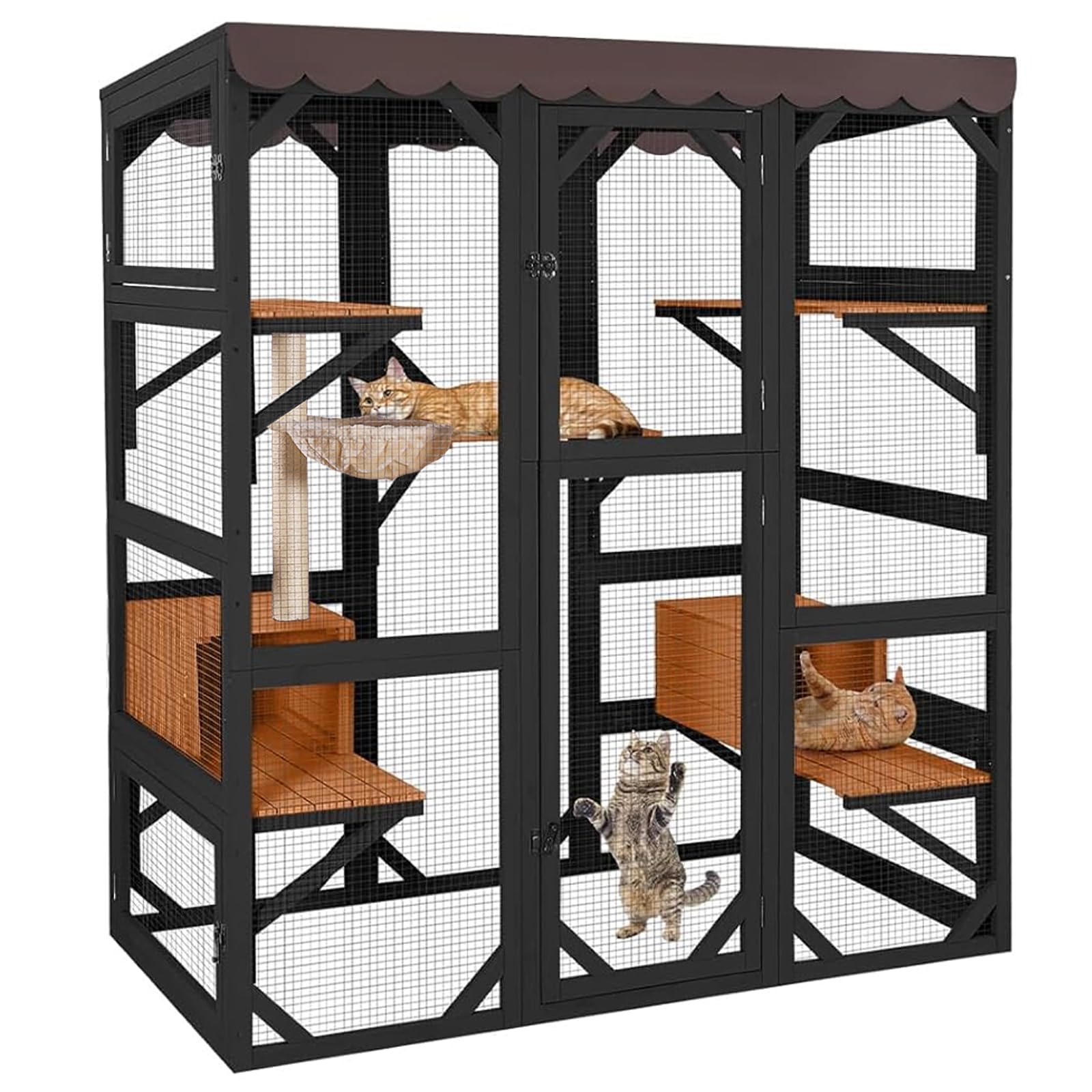 Cat House Window Outdoor Catio Cat Enclosures with 7 Platforms, 2 Resting Boxes Large Kitty House with Weatherproof Tarp Roof, 62.6" L x 32.9" W x 70.1" H Brown