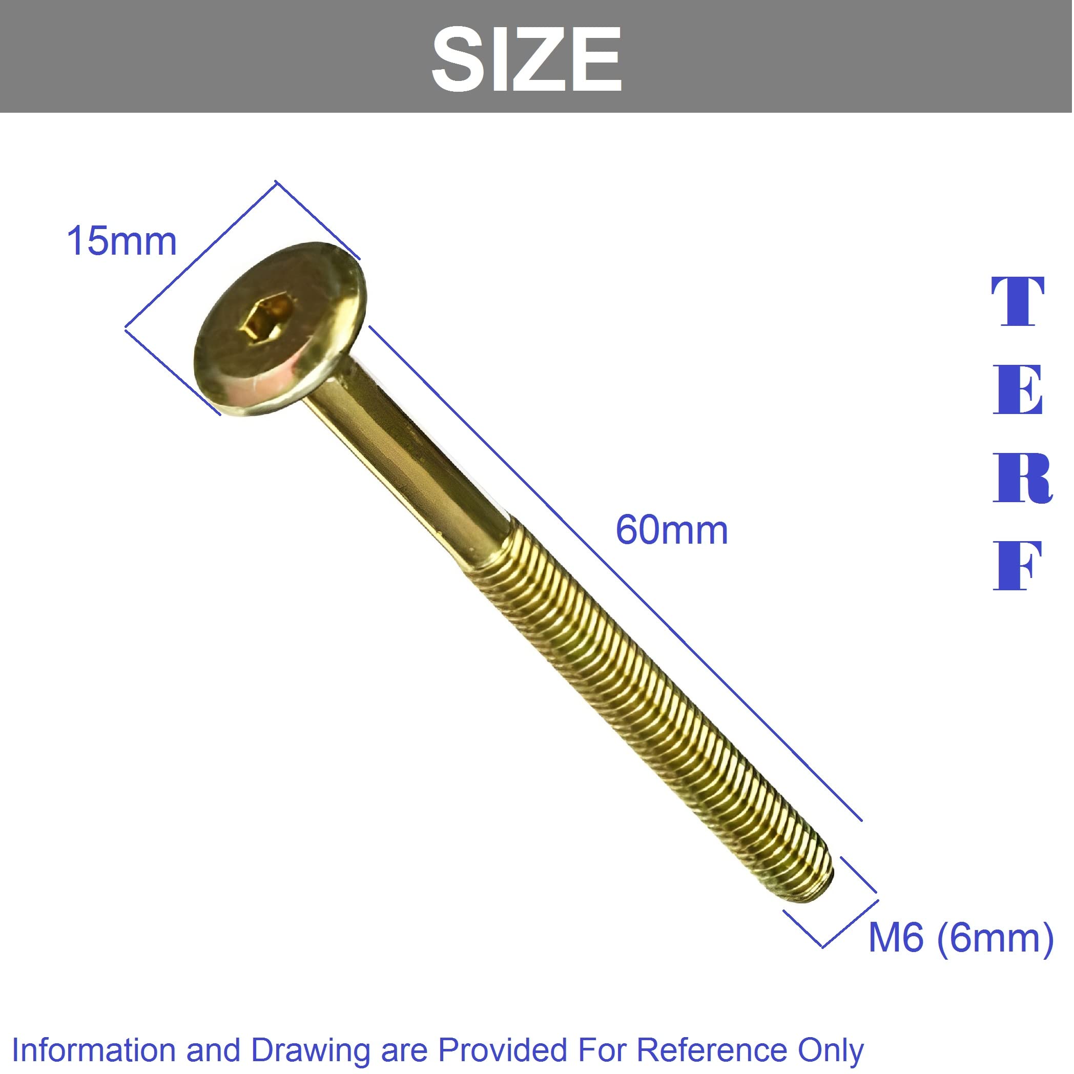 TERF® M6 X 60mm Furniture Joint Connector Bolts M6 (6mm) X 60mm Barrel Bolts Hex Allen Key Socket Flat Head Connector Bolt Screw Zinc Yellow Finish for Crib Baby Bed Cots Furniture - Image 3
