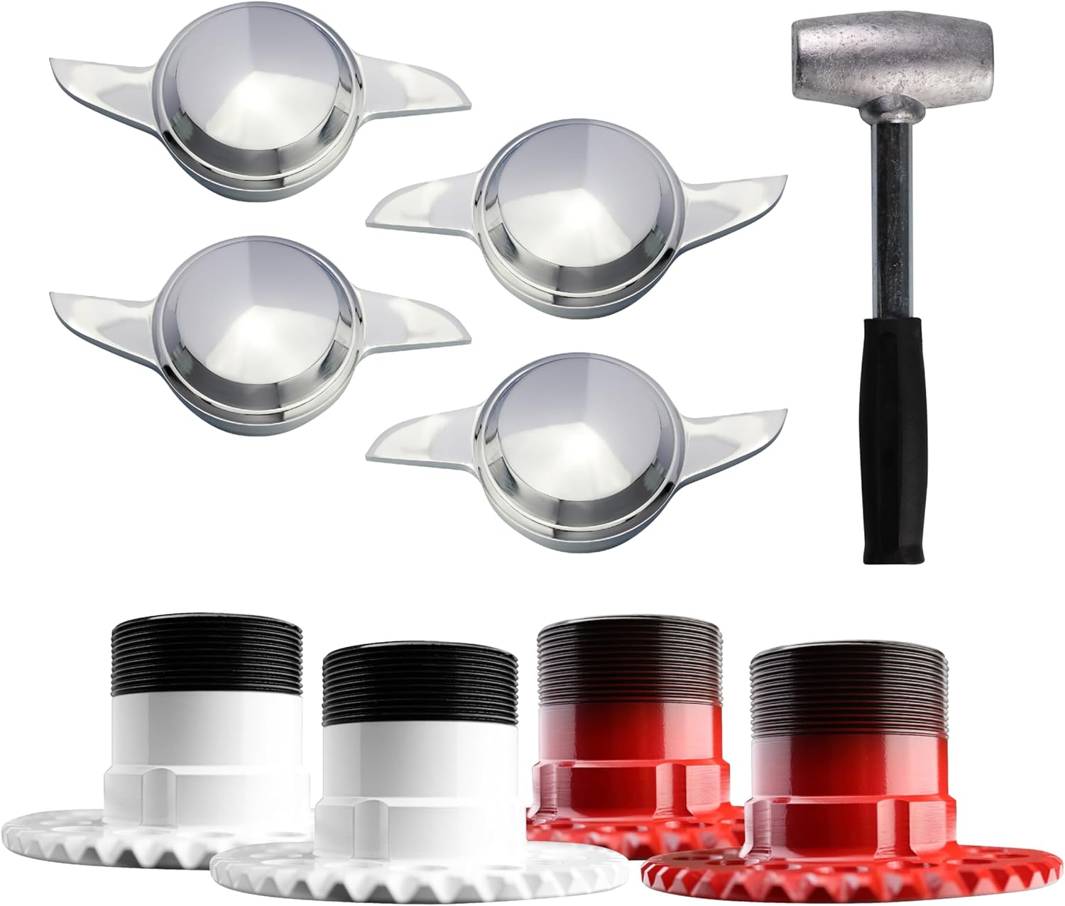 2 Ear Swept Chrome Knock Off Spinner Caps with 6 Lug Wheel Adapters 6x5.5, 6x135 | Designed for Lowrider Cars with Wire Wheels | Set of 4 + Lead Hammer
