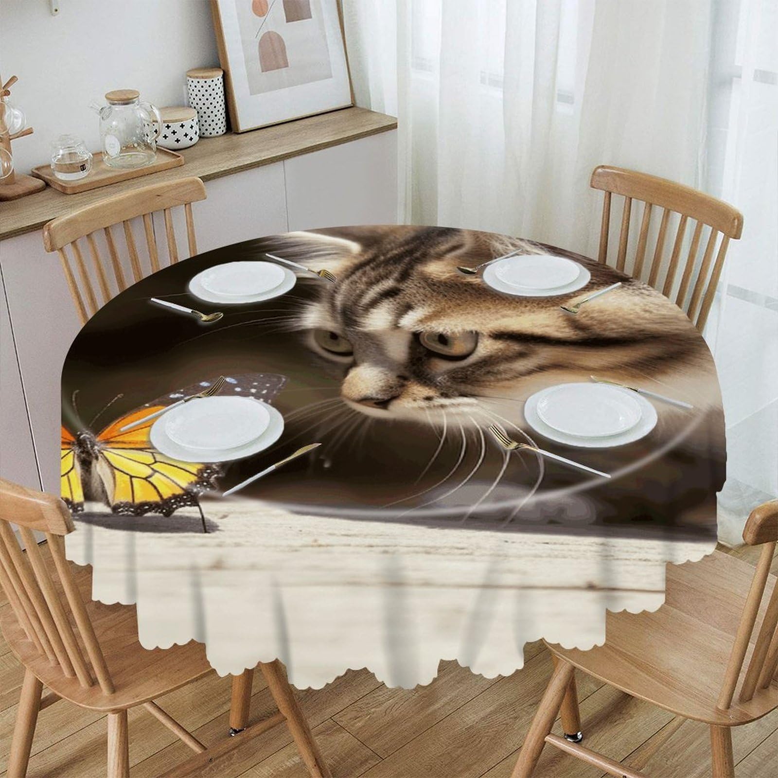 VstaDank 60 Inch Round Cat and Butterfly Tablecloth Polyester Waterproof Wrinkle Free Table Cloth Spillproof Washable Table Cover Colorful Tablecover Decor for Home Kitchen Dining Party