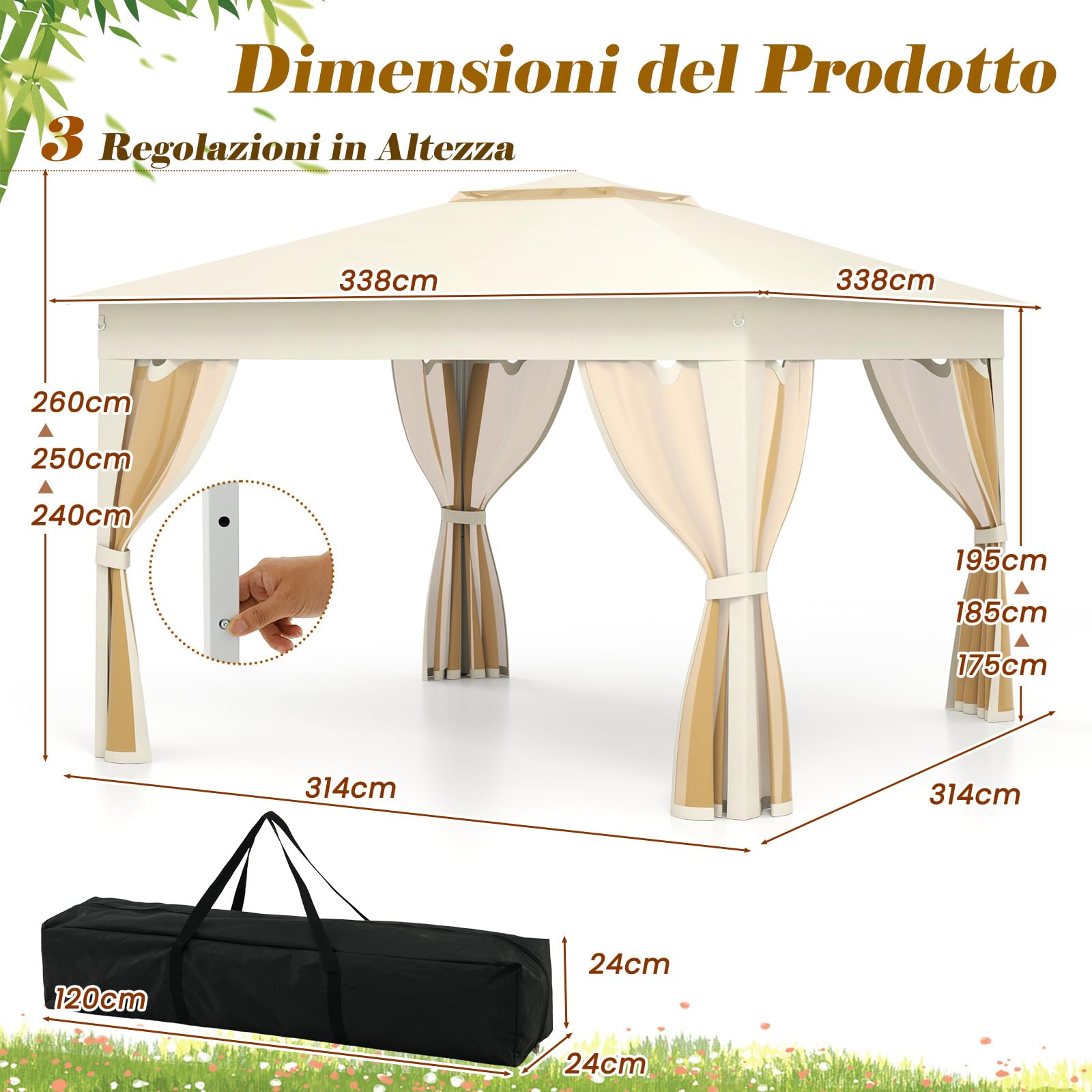 COSTWAY Gazebo Pieghevole 3,4 x 3,4 m con Zanzariera e Tende Laterali Tenda da Giardino Antivento 210D Beige