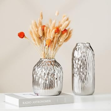 White Ceramic Flower Vase Set of 2, Porcelain Cylindrical Dried Flowers Holder, Decorating for Drawing Room/Table/Study/Office Entryway, Modern Simple Boho Style Silvery