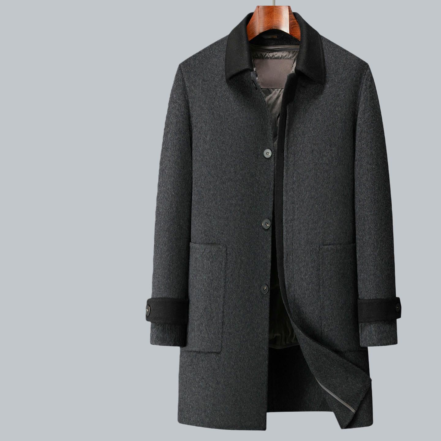 Cappotto casual da uomo con risvolto in lana double face spesso autunno inverno con fodera in piuma