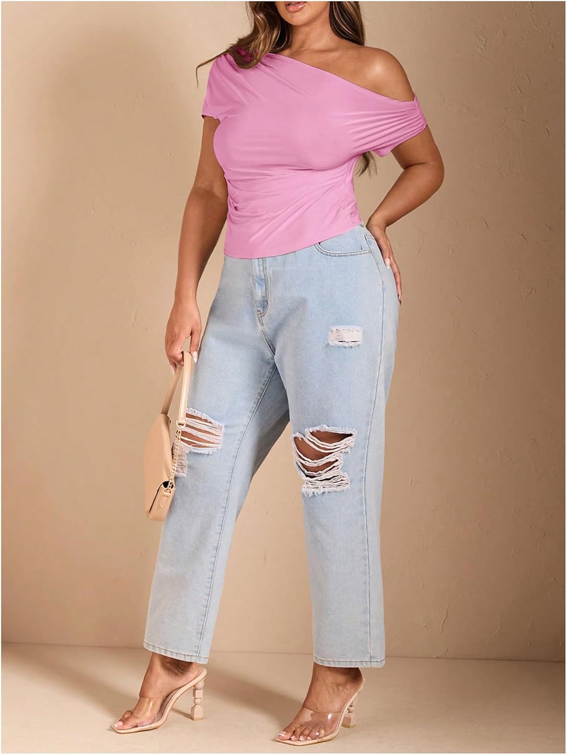 WDIRARA Women's Plus Size Off Shoulder Tee Shirt Ruched Asymmetrical Short Sleeve Tops - Image 4
