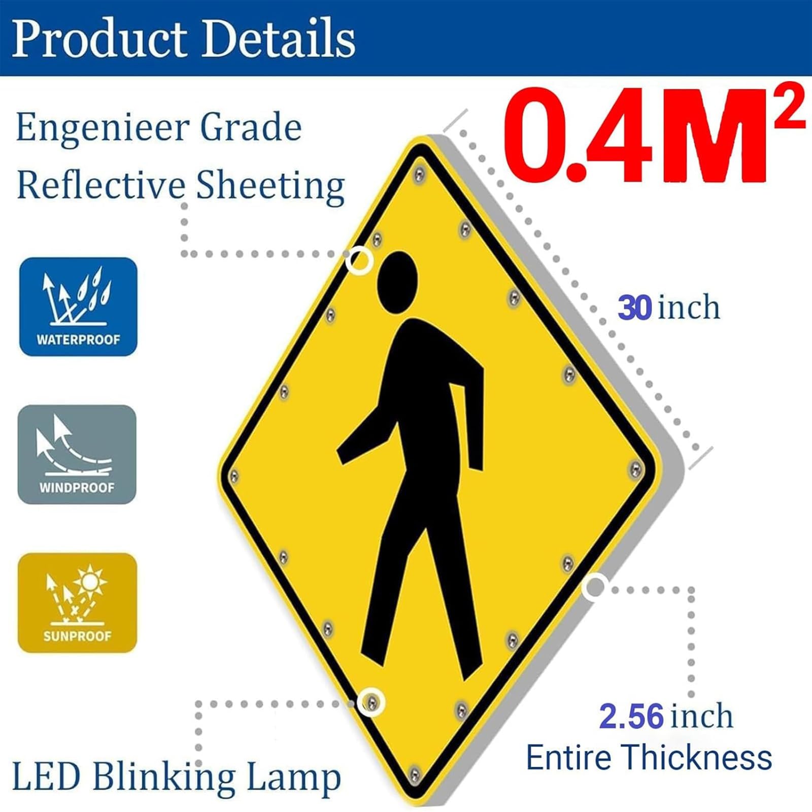 Señal solar LED intermitente de cruce peatonal, advertencia de tráfico de alta visibilidad, letrero de metal reflectante de aluminio para cruces peatonales, impermeable IP65