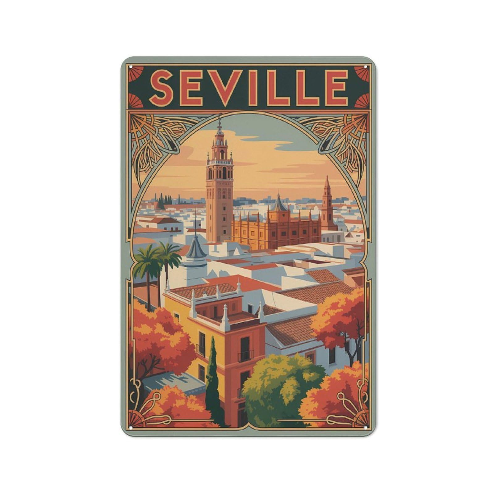 Junmoney Style-9 Retro-Style Metal Sign 30X20cm Featuring Seville Cityscape Vintage Travel For Garage Wall, For Vintage Wall Decor Fans, For Metal Sign Collectors