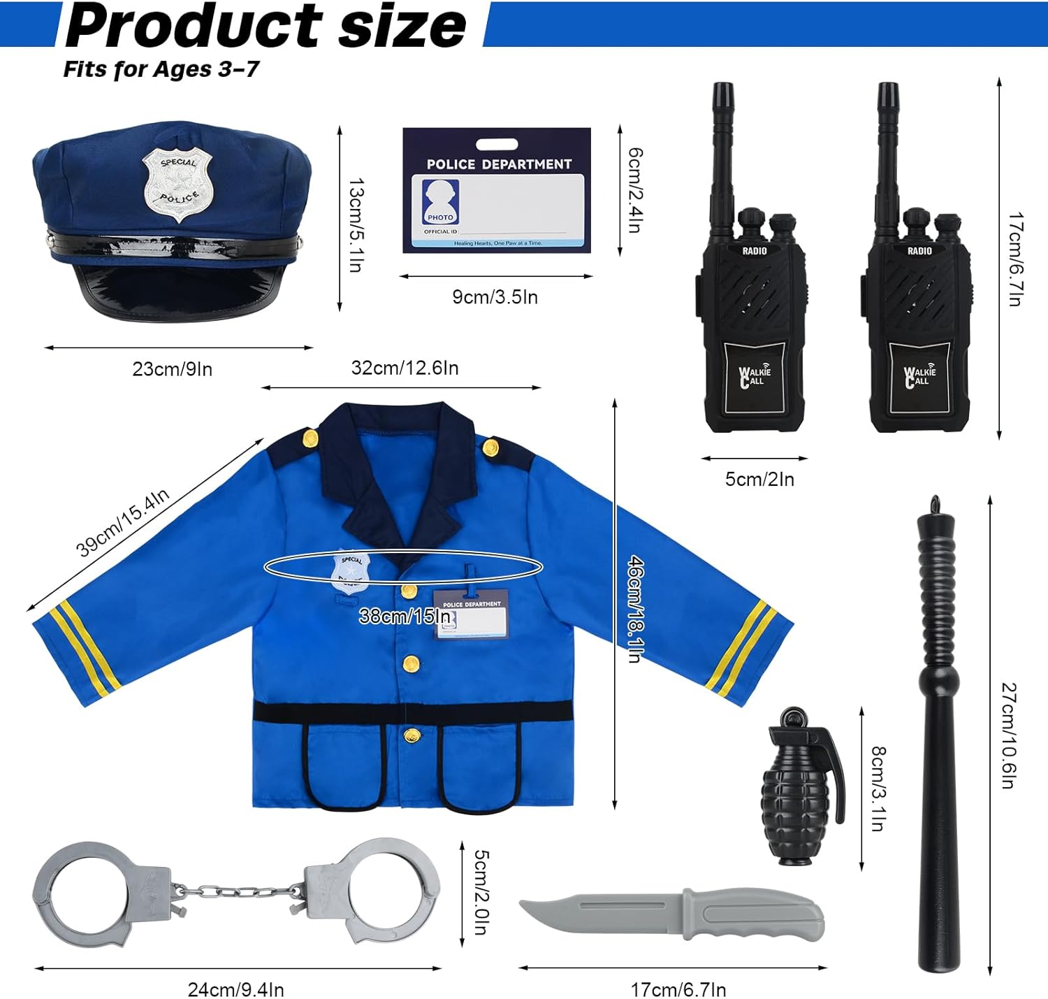 Police Officer Role Play Costume Dress-Up Set for Kids, Police Station Toy Set with Handcuffs, Walkie-Talkie Nightstick, Pretend Cop Career Outfit for Boys Girls Ages 3-7, Halloween Role Play Toys