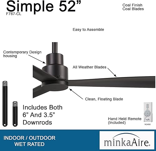 Miniatura 2 de MINKA-AIRE F787-CL Ventilador de techo simple de 52 pulgadas para exteriores de perfil bajo de 3 aspas con motor de CC en acabado carbón con varilla