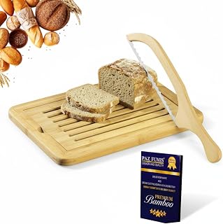 PazFumis Bamboo Bread Slicer Set with Crumb Tray, 16" Serrated Bow Knife & 15x9.5" Cutting Board for Homemade Bread