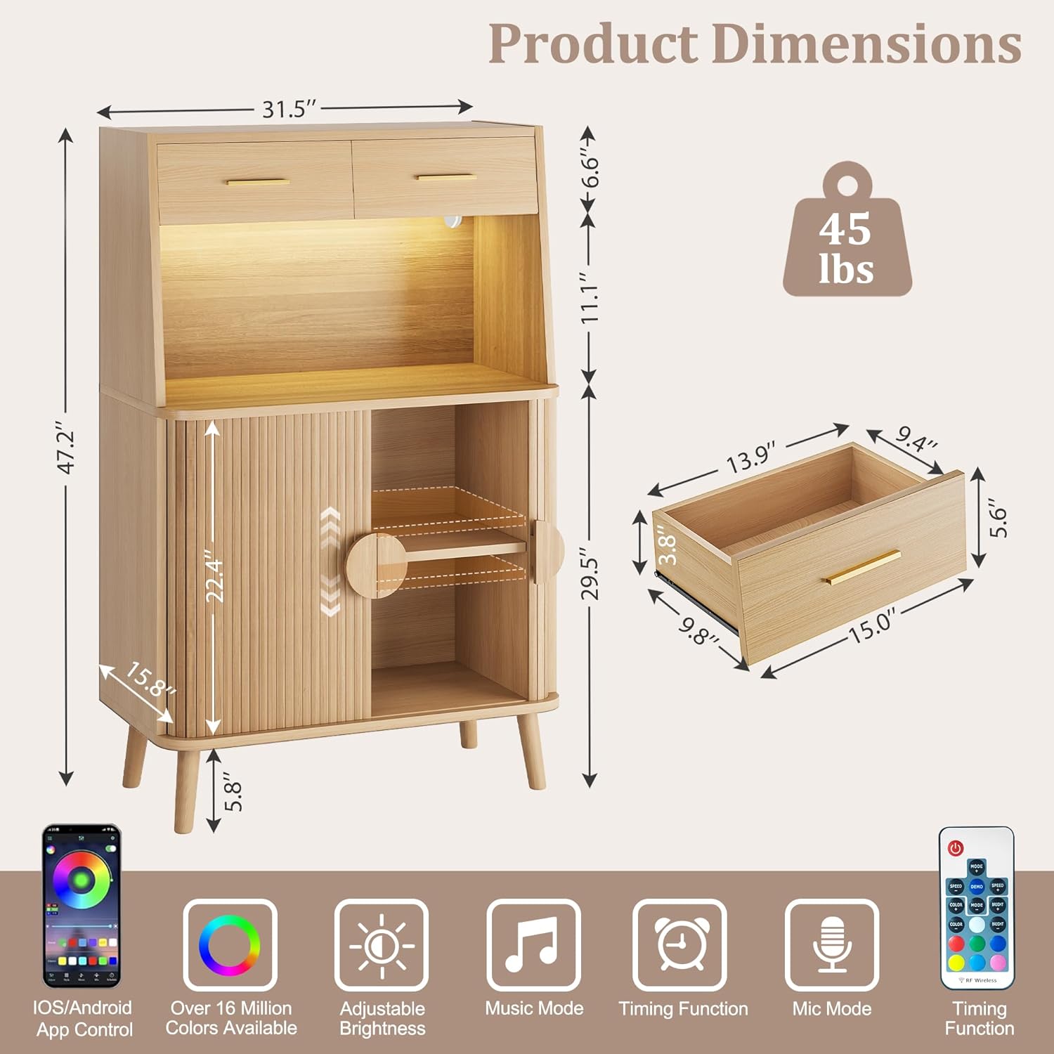 Decofy 47.2" Sideboard Buffet Cabinet with LED Light & Sliding Door, Modern Storage Cabinet with Adjustable Shelf &2 Drawers, Coffee Bar for Kitchen, Entryway(Oak)
