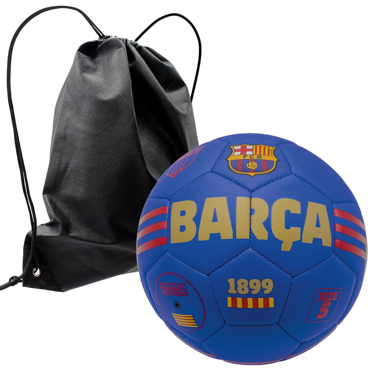 Piłka nożna Barcelona FC - Oficjalny projekt Blaugrana z matowym wykończeniem ze 100% nadrukiem Barca Gold - Niebieski i Czerwony 1899 - Rozmiar 5 Tarcza + Czarny Plecak Na Lato, Plażę, Basen, Wieś