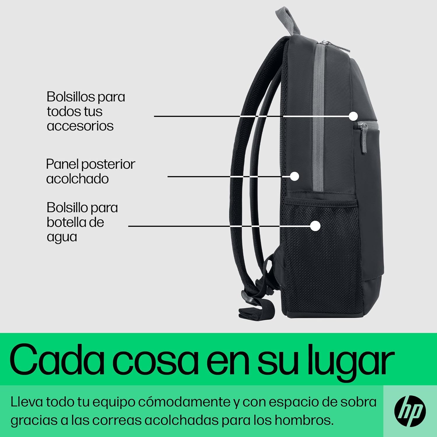 HP Mochila para Ordenador Portátil de 15,6″ (Compartimiento, Correas y Respaldo Acolchados, Resistente al Agua, Cremallera Superior) Color Negro y Gris 3