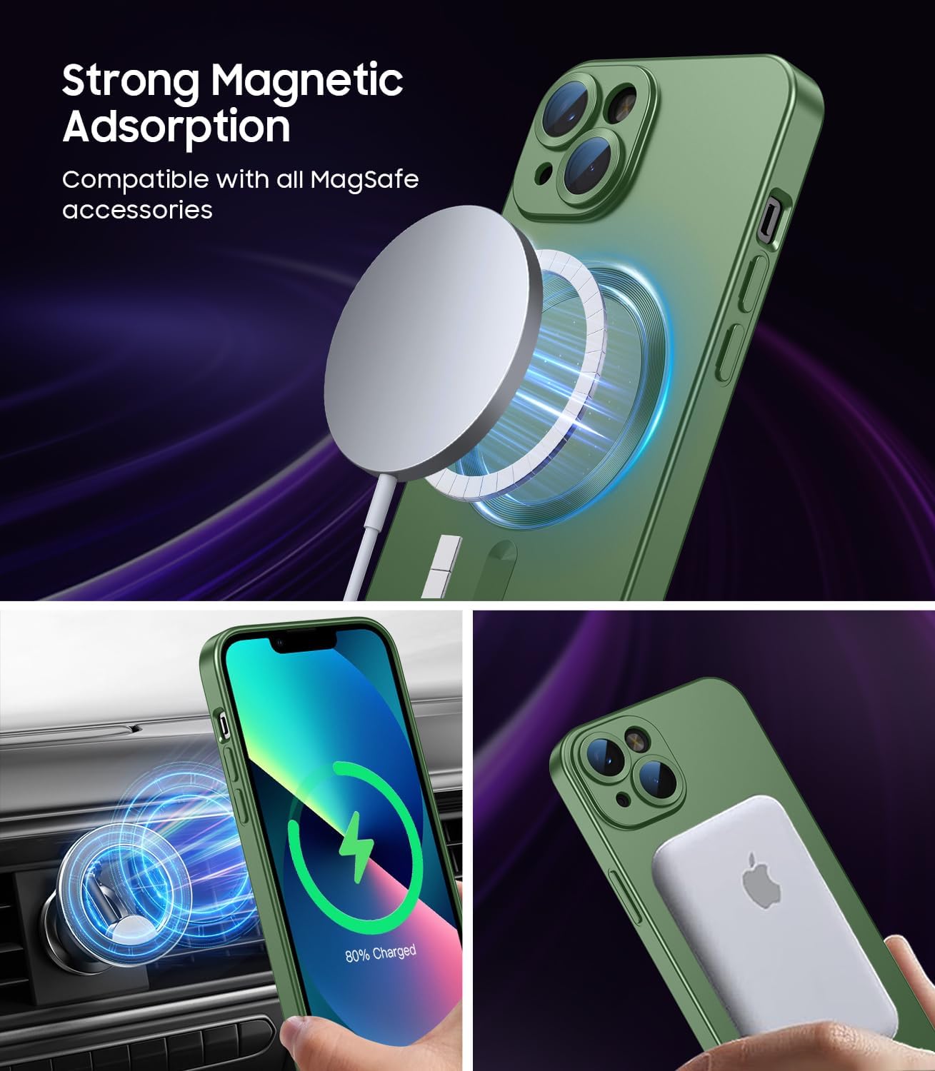 LEKEVO Magnetic for iPhone 13 Case [Compatible with MagSafe][Built-in Camera Lens Protector] Slim Soft Silicone Bumper Shockproof Metallic Luster Phone Case (Green) thumbnail