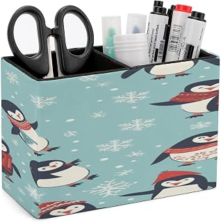 Winter Christmas Penguins Pen Holders for Desk Small Remote Control Holder Leather Pencil Cup with Double Compartments Desktop Organizer for Table Desk Office Space Saving