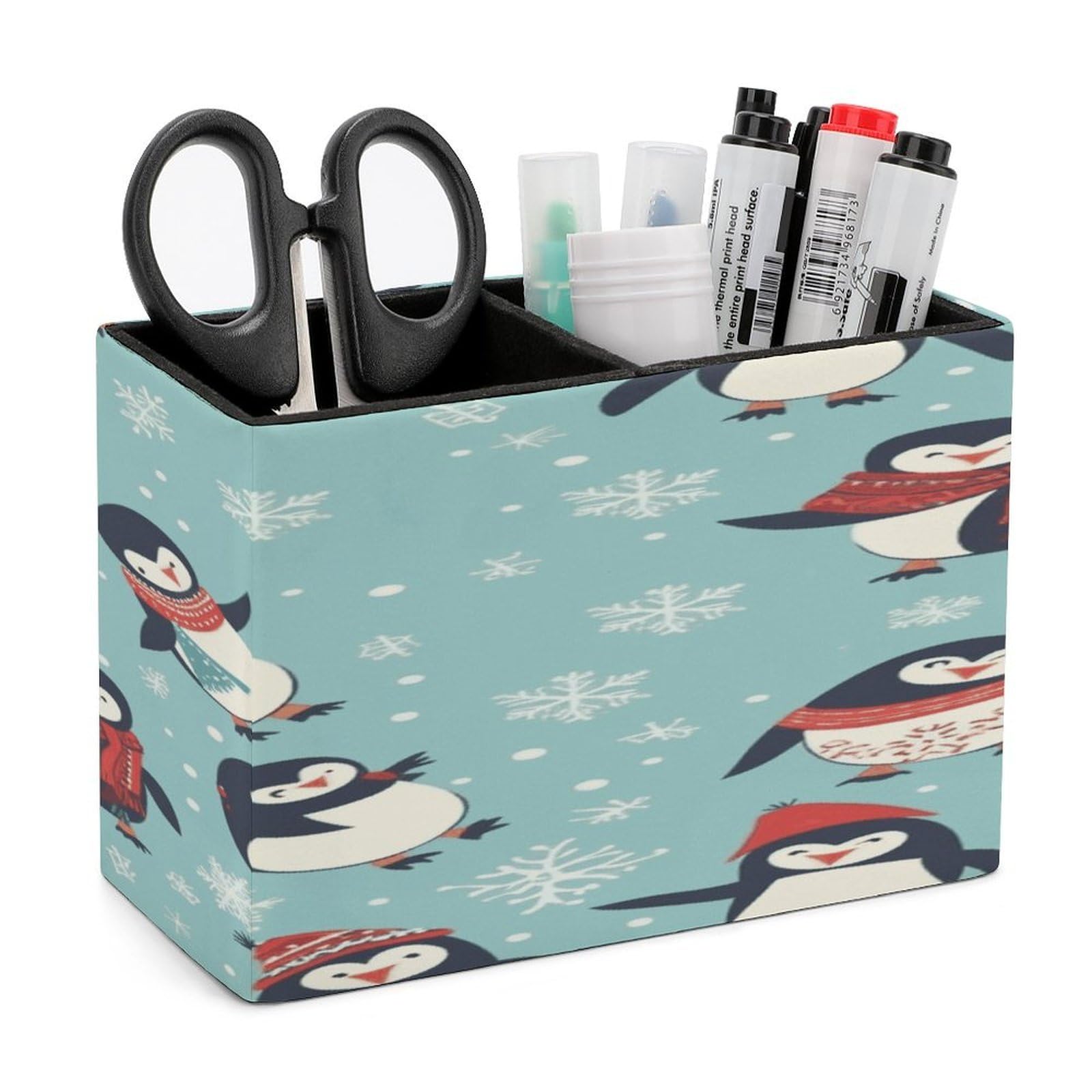 FekiLoot Winter Christmas Penguins Pen Holders for Desk Small Remote Control Holder Leather Pencil Cup with Double Compartments Desktop Organizer for Table Desk Office Space Saving