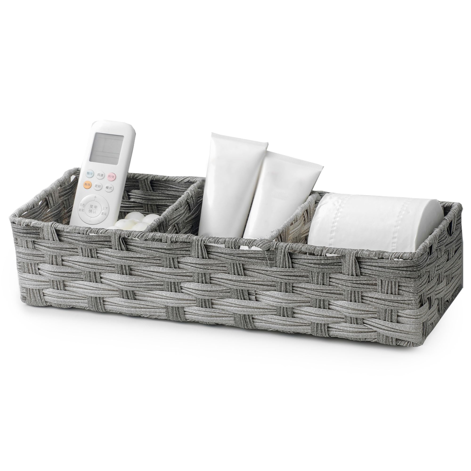 Toilet Tank Topper Paper Basket Multiuse Hand Woven Plastic Wicker Basket Bins with Divider for Shelves Rustic Farmhouse Bathroom Decor Countertop Organizer Storage
