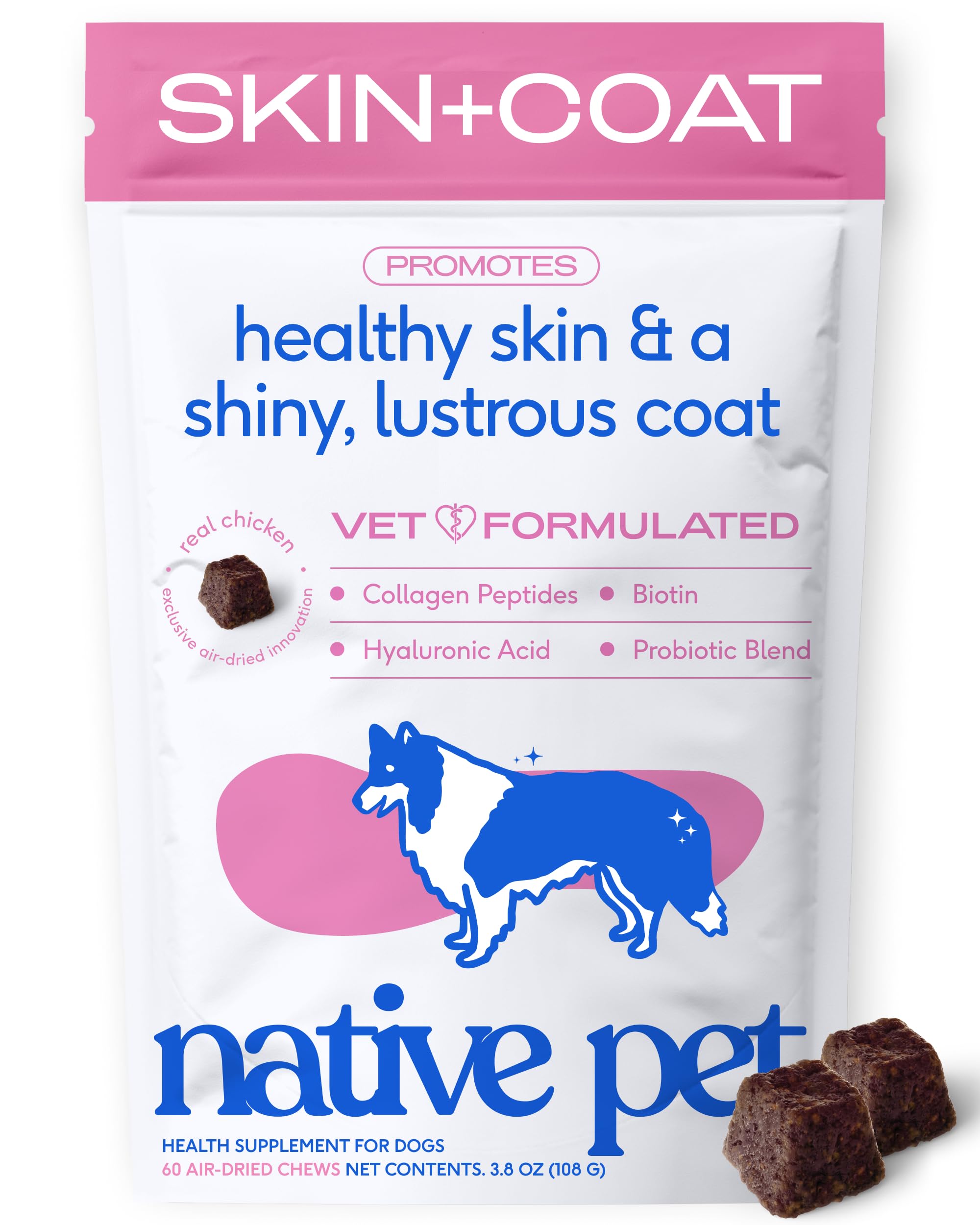 Native Pet Skin & Coat Chews - Omega 3 Fish Oil for Dogs Skin & Coat Supplement - Itch Relief, Shiny Fur & Shedding Support - Collagen, Hyaluronic Acid, Biotin, Probiotics & Salmon Oil - 60 Chews