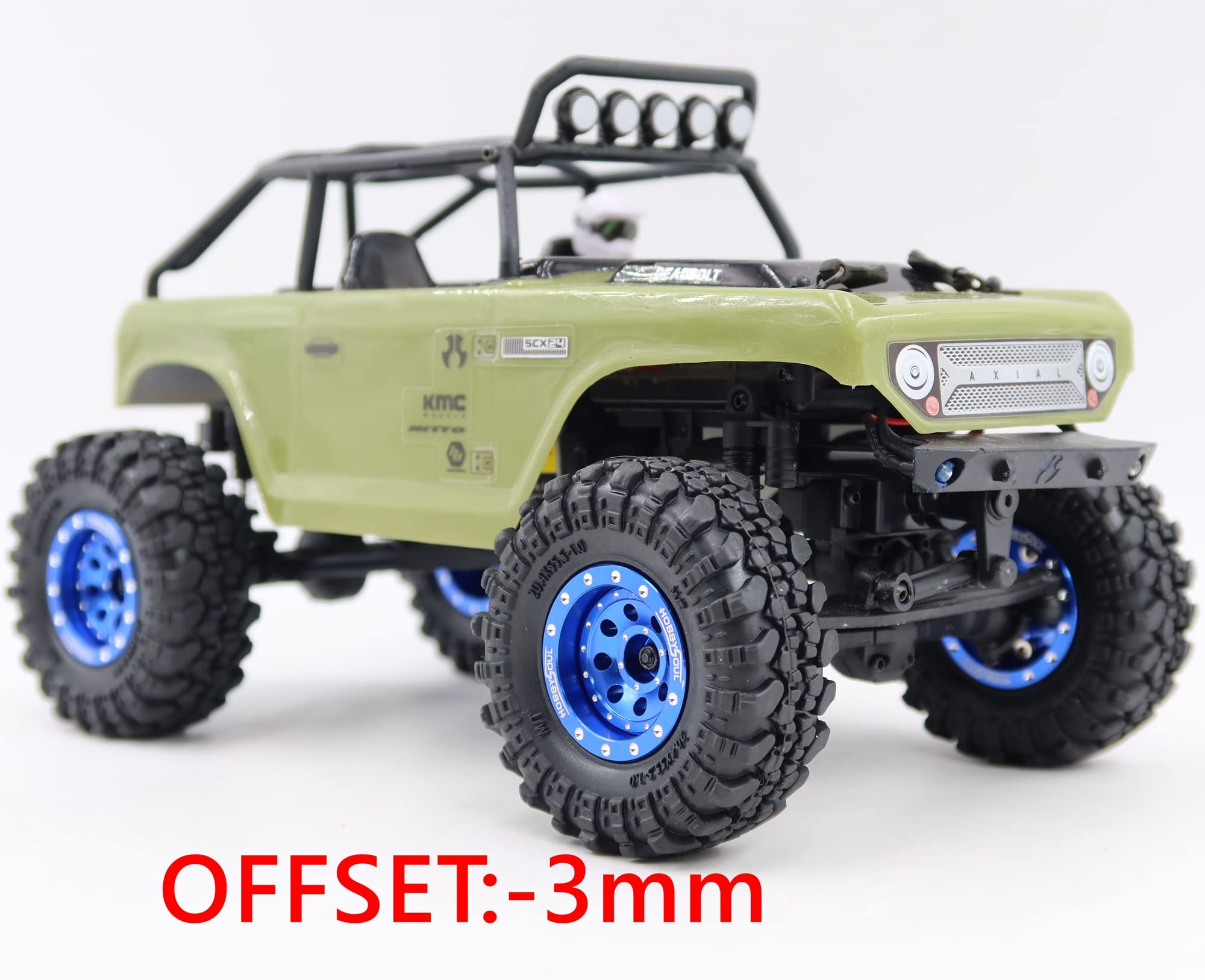 hobbysoul 1/24 Reifen montiert auf schweren verstellbaren Offset 1,0 Beadlock Rädern blau, 7mm Sechskantfelgen 1,0 Beadlock-Räder und Reifen für 1/18 TRX4M 1/24 RC Crawler Axial SCX24, (4er-Pack)