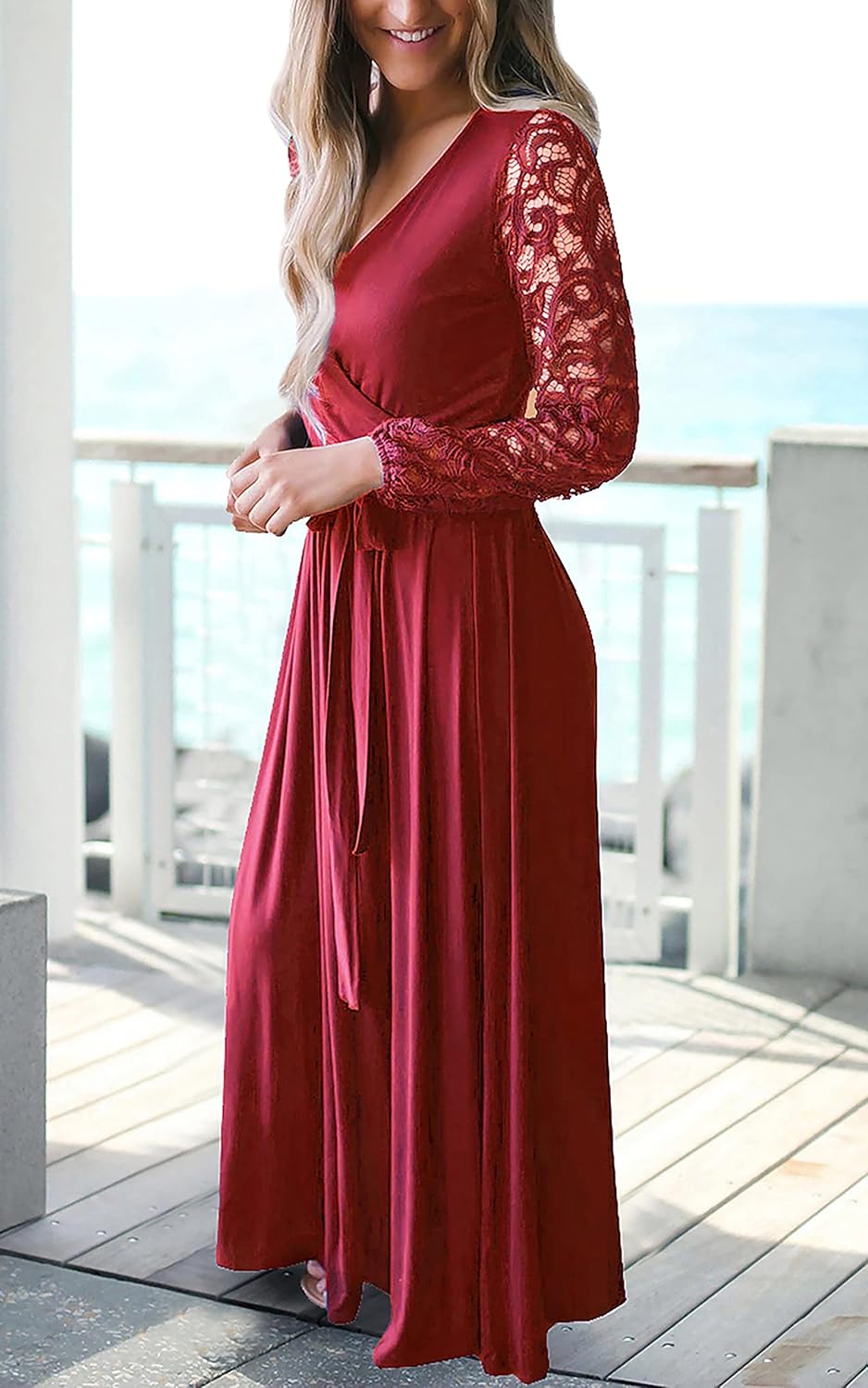 Kranda Womens Vintage Floral Lace Long Sleeve Faux Wrap V Neck Party Long Maxi Dress - Image 4