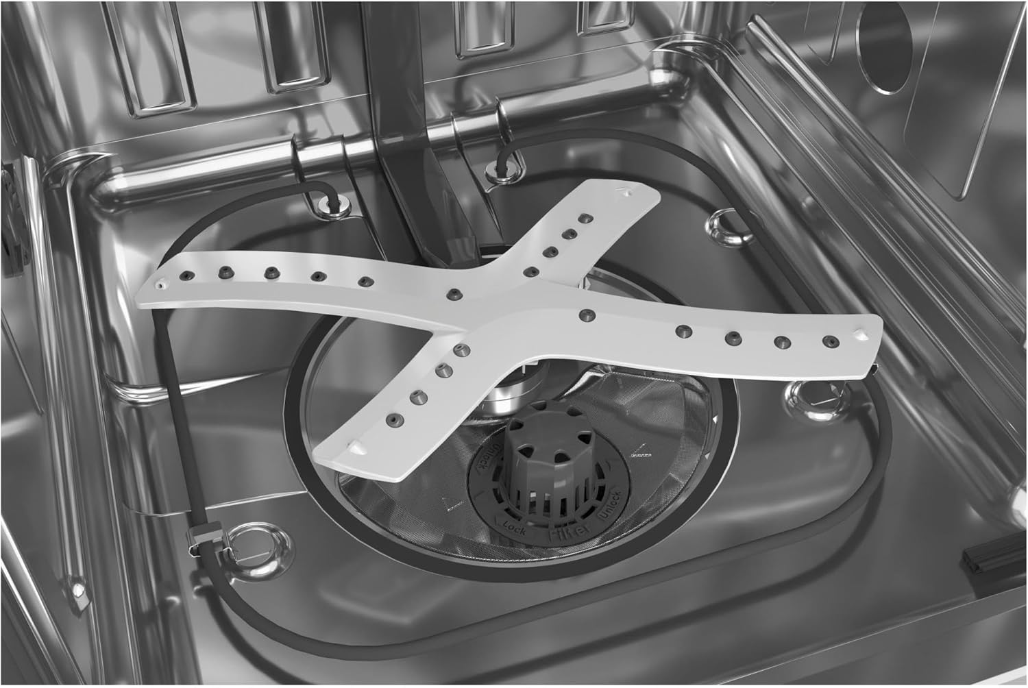 Gertutik view of the dishwasher's lower spray arm and filter assembly.