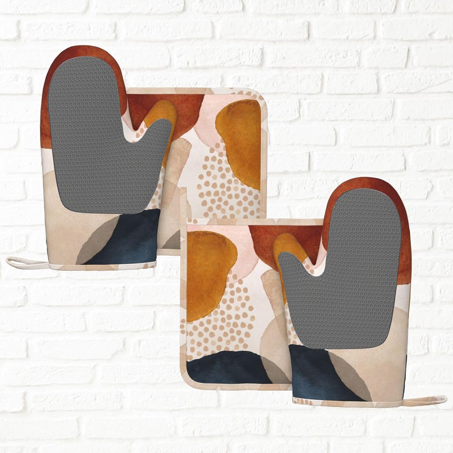 Boho Abstract Minimalist Aesthetic Oven Mitts and Pot Holders Sets, 4pcs Silicone Non-Slip Kitchen Mitts Potholders Heat Resistant BBQ Gloves Hot Pads for Cooking Grilling Baking Chef Gifts