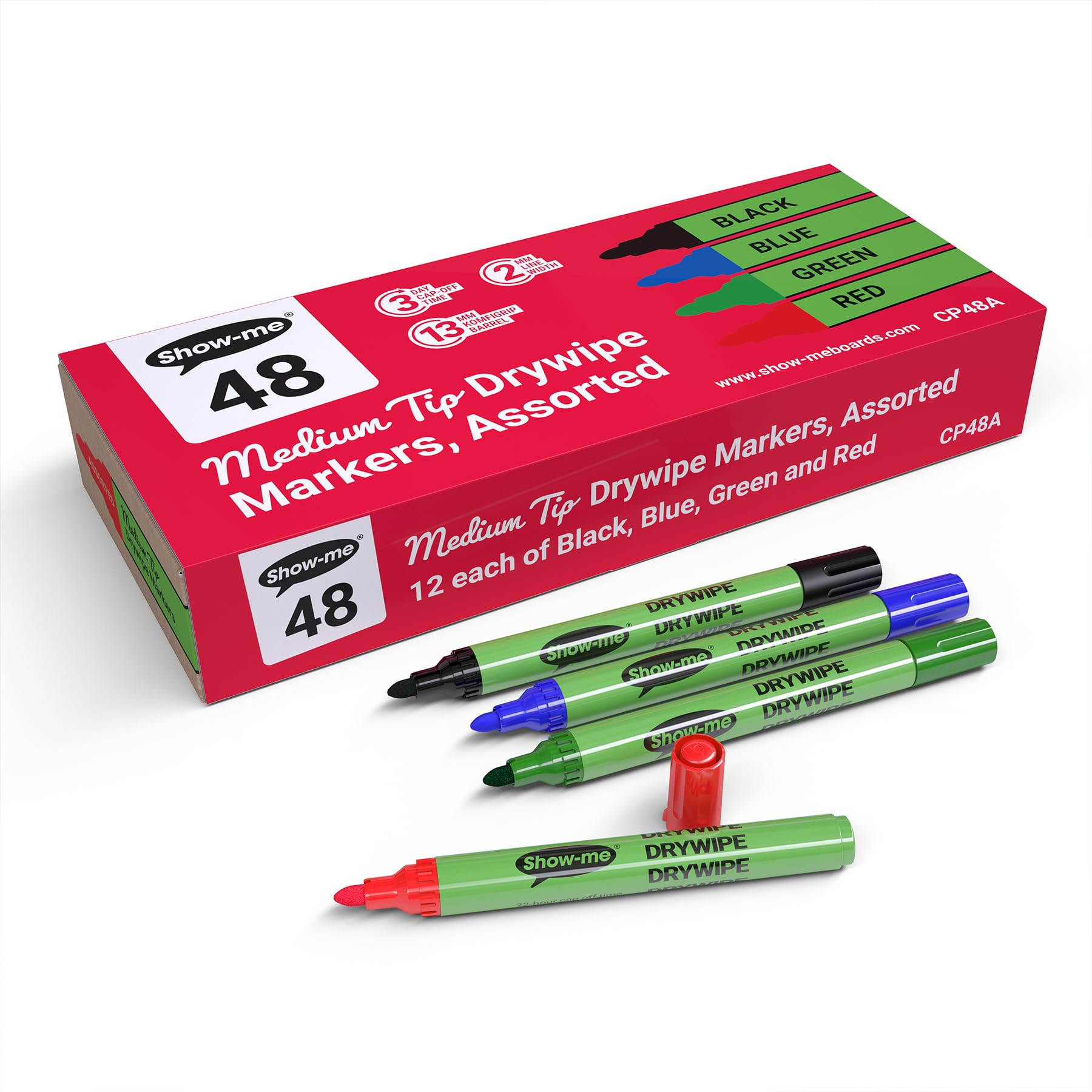 Feutres effaçables à sec aux couleurs assorties, pointe moyenne, 48 unités