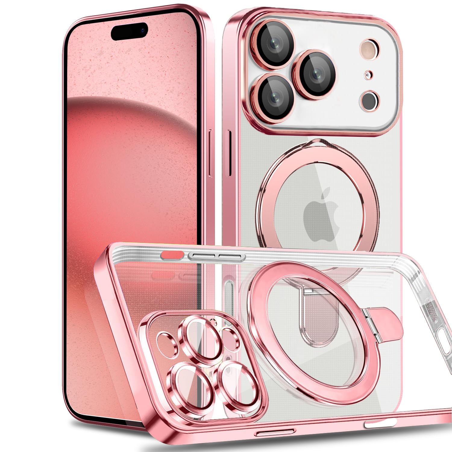 MuZiF iPhone 17 Pro Max 用 ケース MagSafe対応 リング付き クリア メッキ加工 カバー 車載ホルダー対応 多機能 レンズ保護 薄型軽量 耐衝撃構造 透明柔らかいTPU アイフォン17 プロマックス 用 磁気カバー クリアケース（ローズゴールド）