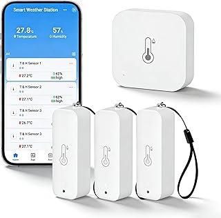 WLAN Hygrometer Thermometer Innen Außen: Temperatur- und Feuchtigkeitssensor mit App Benachrichtigung und kostenlose Datenspeicherung, 150m Reichweite, kompatibel mit Alexa, 3 Sensoren+1 Basisstation
