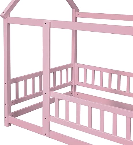 Miniatura 102 de Bellemave Cama Montessori de madera con valla y techo para niños, marco de cama individual para niños, niñas (individual, blanco)