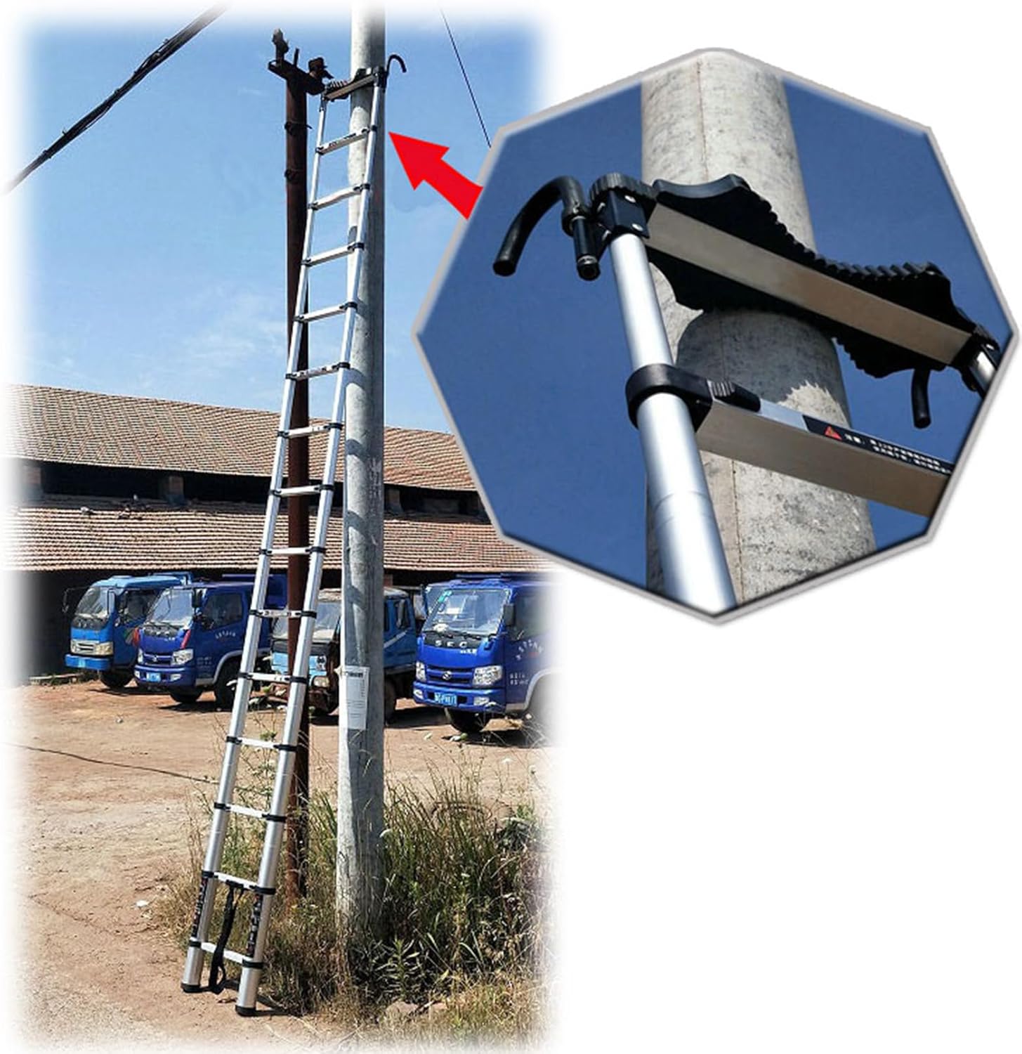 Aluminum Telescoping Ladder, Lightweight Multi-Purpose Collapsible Extension with Removable Hooks and Anti Slip Cushions, Ideal for Home, RV, and Outdoor Work