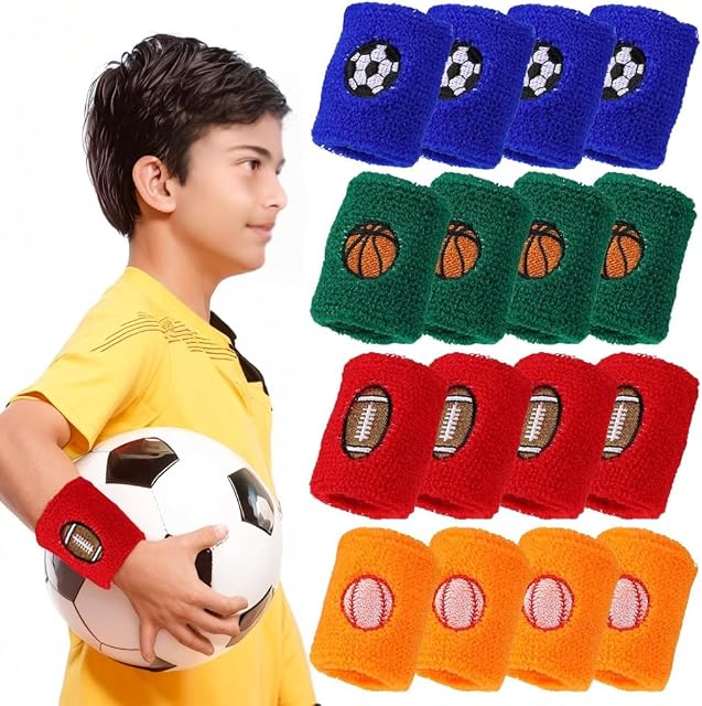 16pcs Kids Wristbands Sports Sweat Bands Wristband, Sports Wristband for Kids Elastic Cotton Wristband, Wristbands Kids Sports Kid Sweat Bands for Birthday, Basketball Football4 Color