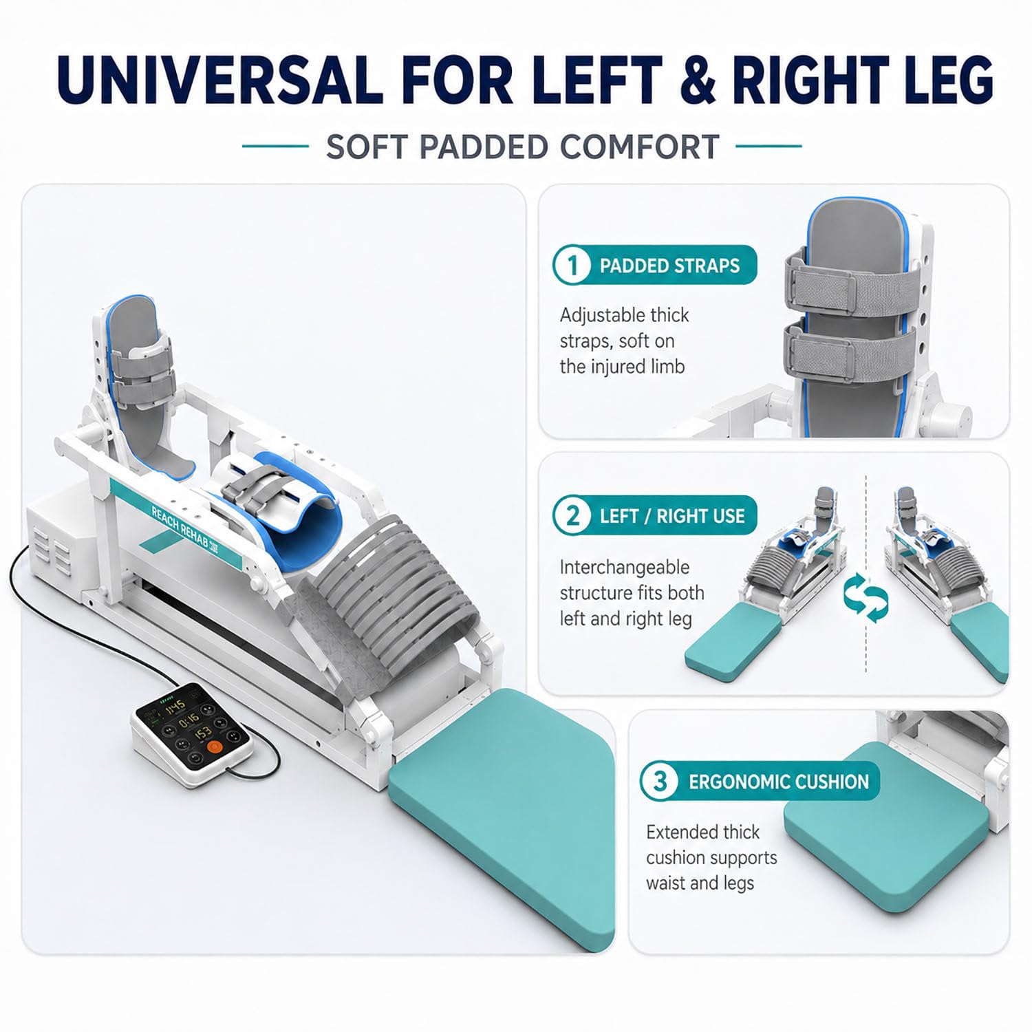 Máquina CPM motorizada para Rodilla 0–140°, 3 velocidades, Control Remoto Digital, Motor silencioso, Equipo de rehabilitación para el hogar