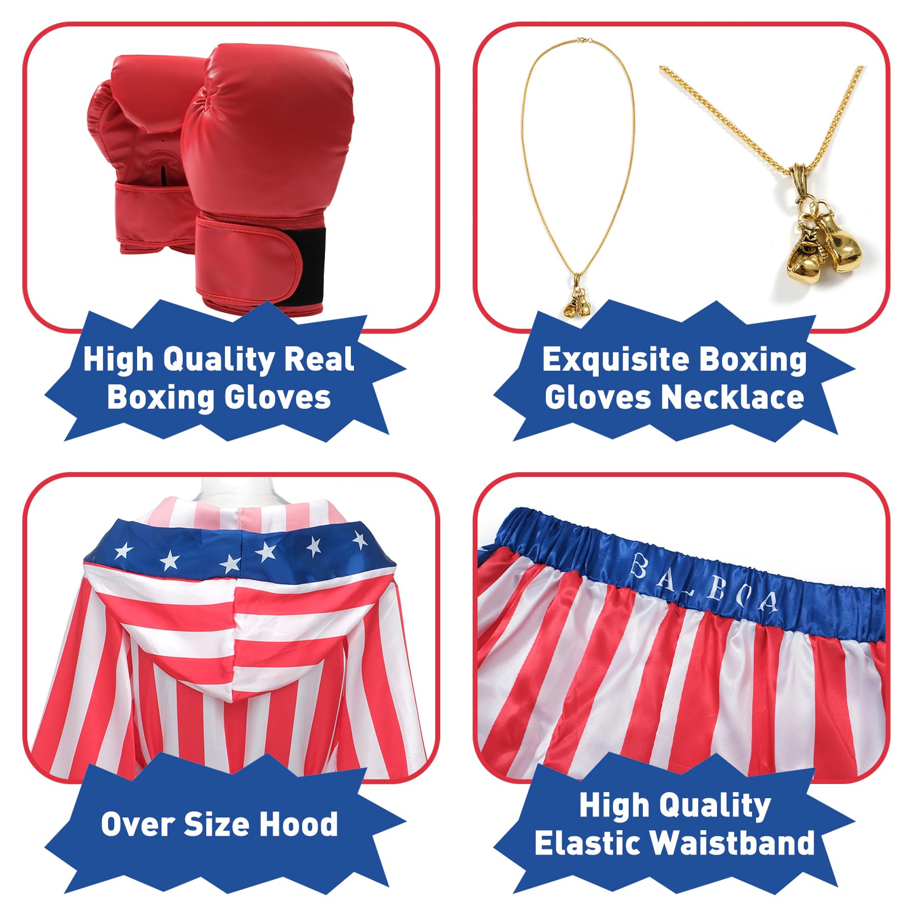 Costume da boxe con bandiera americana, da uomo e donna, Rocky Balboa, costume da adulto, boxer in raso, pantaloncini, cintura, guantoni da boxe