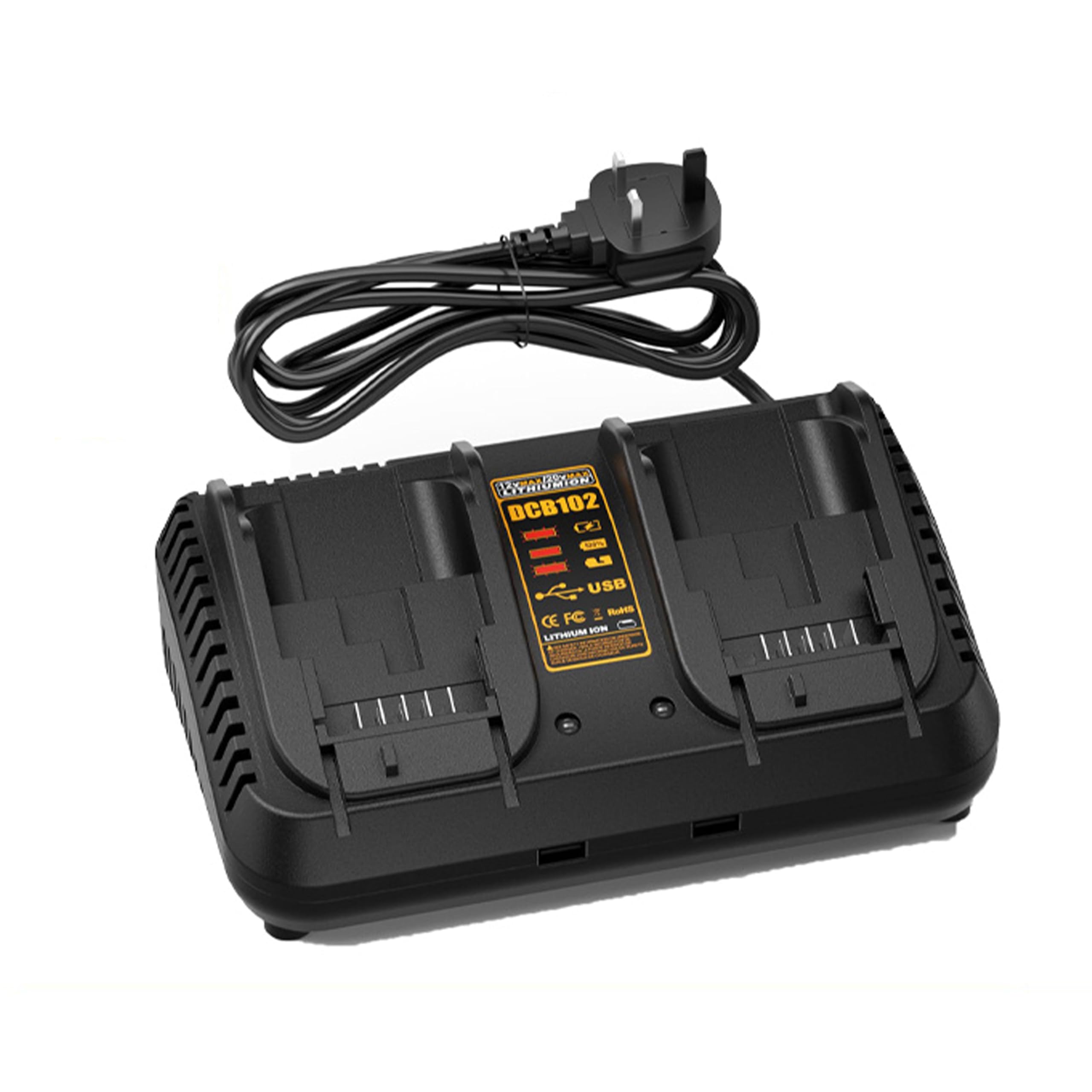 Dual-port fast charger, 2-in-1 synchronous battery charger, compatible with DCB203, 204, 205, and 206 models, 18V fast charger with dual USB ports, compatible with 12V/20V MAX lithium-ion batteries.