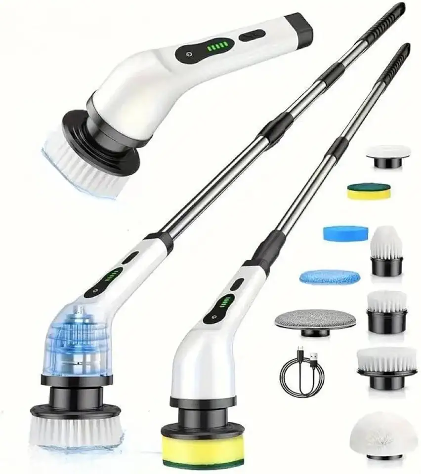 Escova Elétrica de Limpeza para Banheiro – Esfregão Elétrico Sem Fio 9 em 1 com Cabo Extensível, 9 Escovas, 2 Velocidades,Ideal para Banheiro, Azulejos, Piso e Rejunte