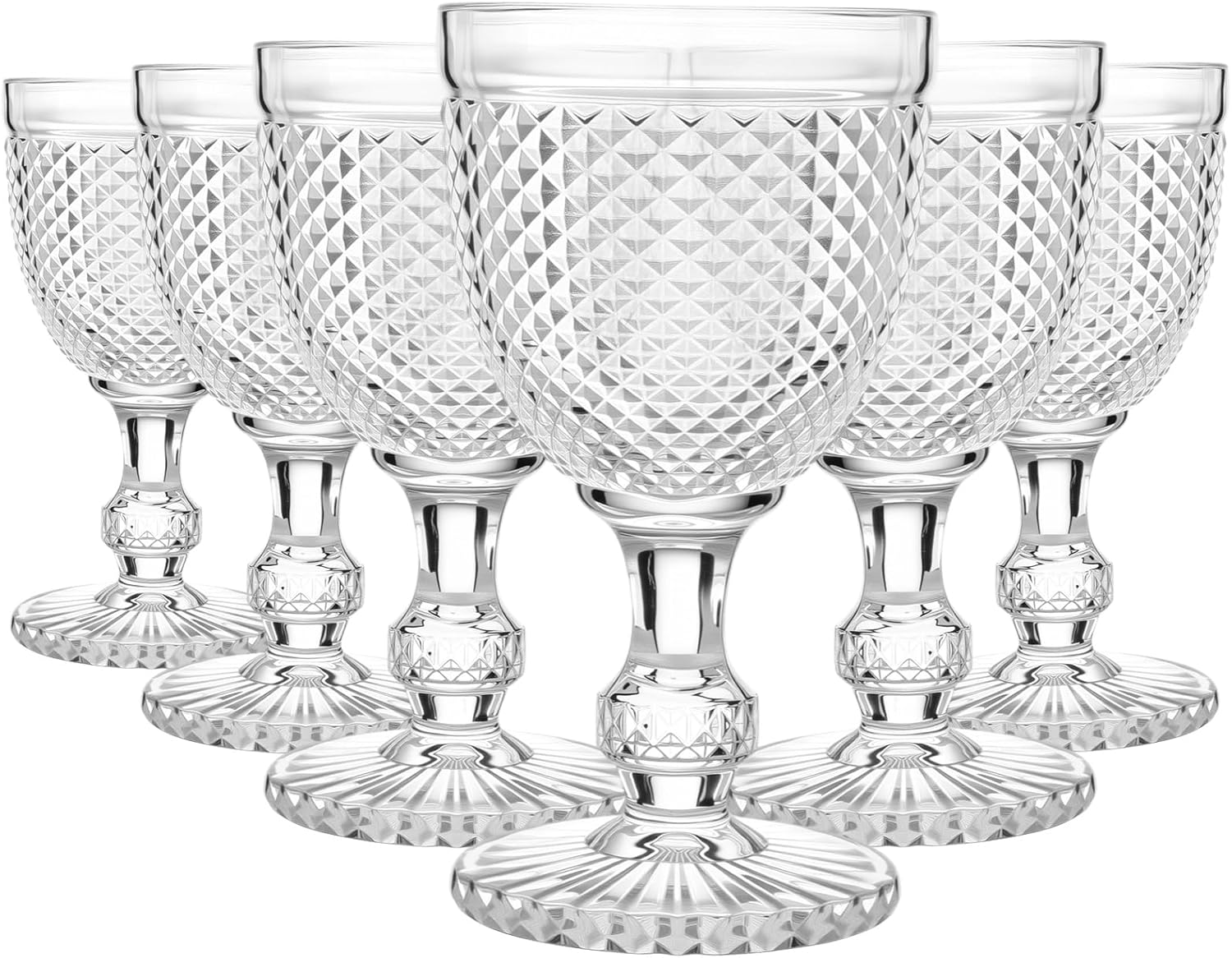 Bokon 6 Pack Clear Glass Goblets Set 10 oz High Clear Wine Glass Vintage Water Goblets Cups Embossed Diamond Design Glassware with Stem for Drinking Juice Liquor Party Wedding Bar