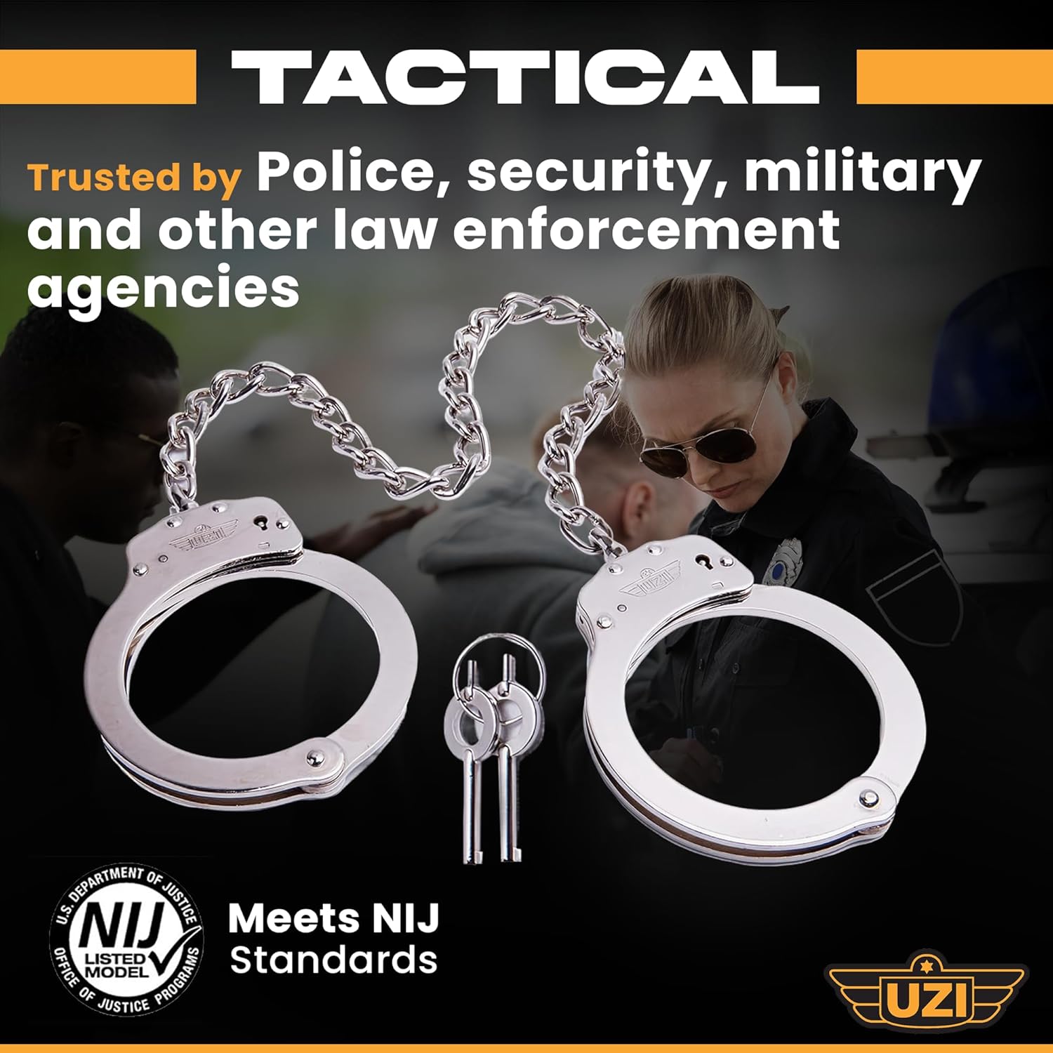 UZI 16-Inch Twist Chain Double Lock Leg Irons - Police Grade Stainless Steel Leg Shackles for Police, Military, Law Enforcement - Great for Fun, Play, Games, Parties & More–UZI-HC-Leg, Silver