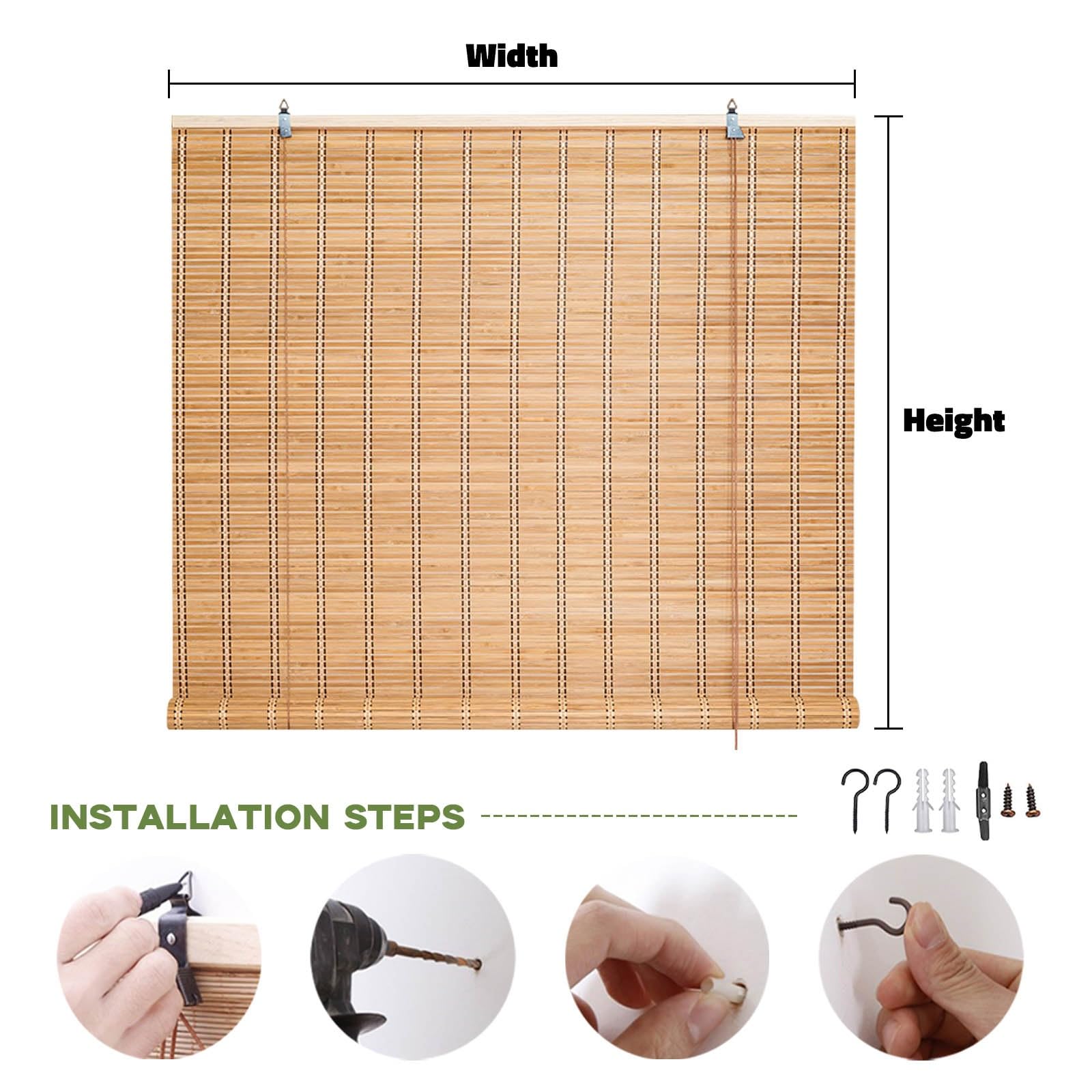 Store Bambou Intérieur Exterieur Rideau Store Enrouleur Protection UV Isolation Thermique Respirants Stores Venitien Bois Pour Chambre/Bureau/Jardin/Terrasse Personnalisables 45-180cm(W100xH200cm)