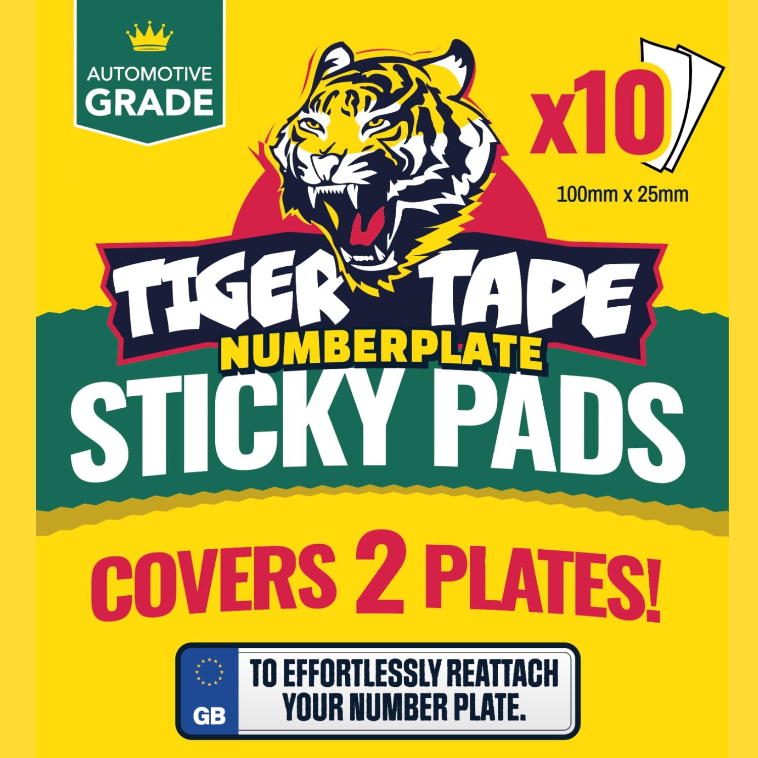 Tiger Tape® Number Plate Extra Sticky Pads. Covers 2 UK License Plates. Highway Code Ready, Automotive Grade Car Vehicle Registration Adhesive | No drilling required, No damage. 10 Pre-Cut Strips.