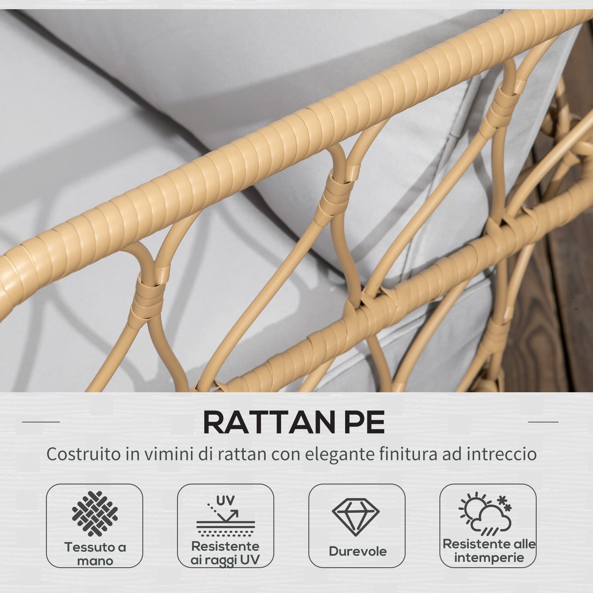 Outsunny Salotto da Giardino Rattan 4 Pezzi con Divano 2 Posti, 2 Poltrone e Tavolino con Piano in Vetro Stile Boho, Cuscini Sfoderabili, Giallo