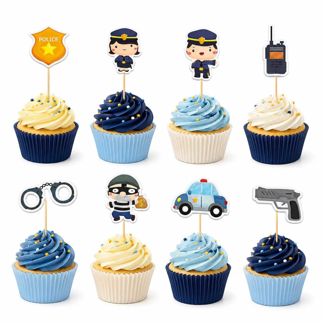 Arthsdite 24 Pcs Police Cupcake Toppers Police Officer Cake Decorations Badge Car Handcuffs Walkie Talkie Robber Picks for Kids Birthday Party Supplies