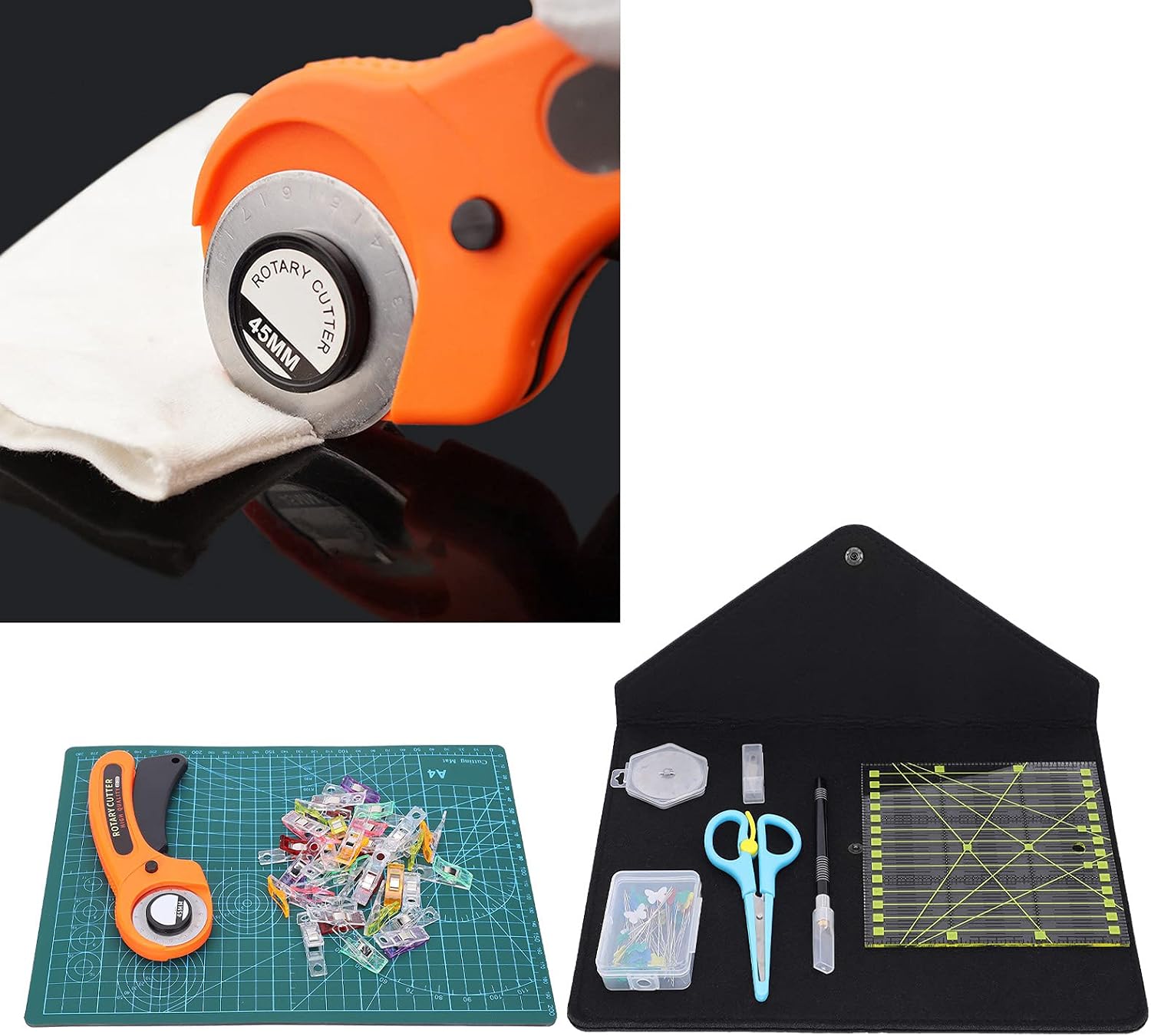 45mm Rotary Cutter Set with Extra Blades, A4 Self Healing Cutting Mat, Tool Bag for Leather Carving, Patchwork, Sewing