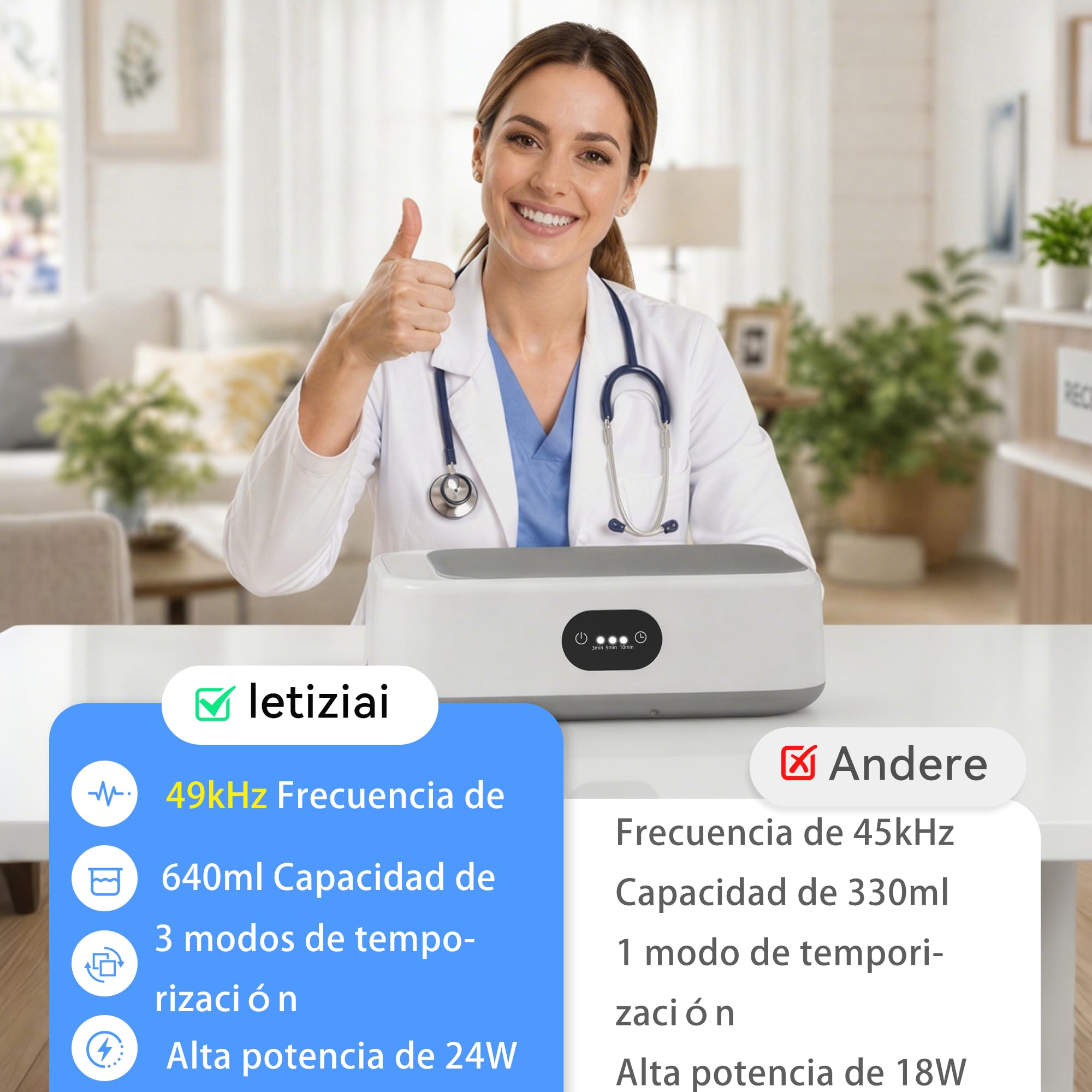 Limpiador Ultrasonidos,640ML limpiador ultrasónico para Férula dental | 49 kHz limpieza , cubeta 304 inoxidable, 3 temporizadores, silencioso. Multiusos para gafas, joyas y prótesis