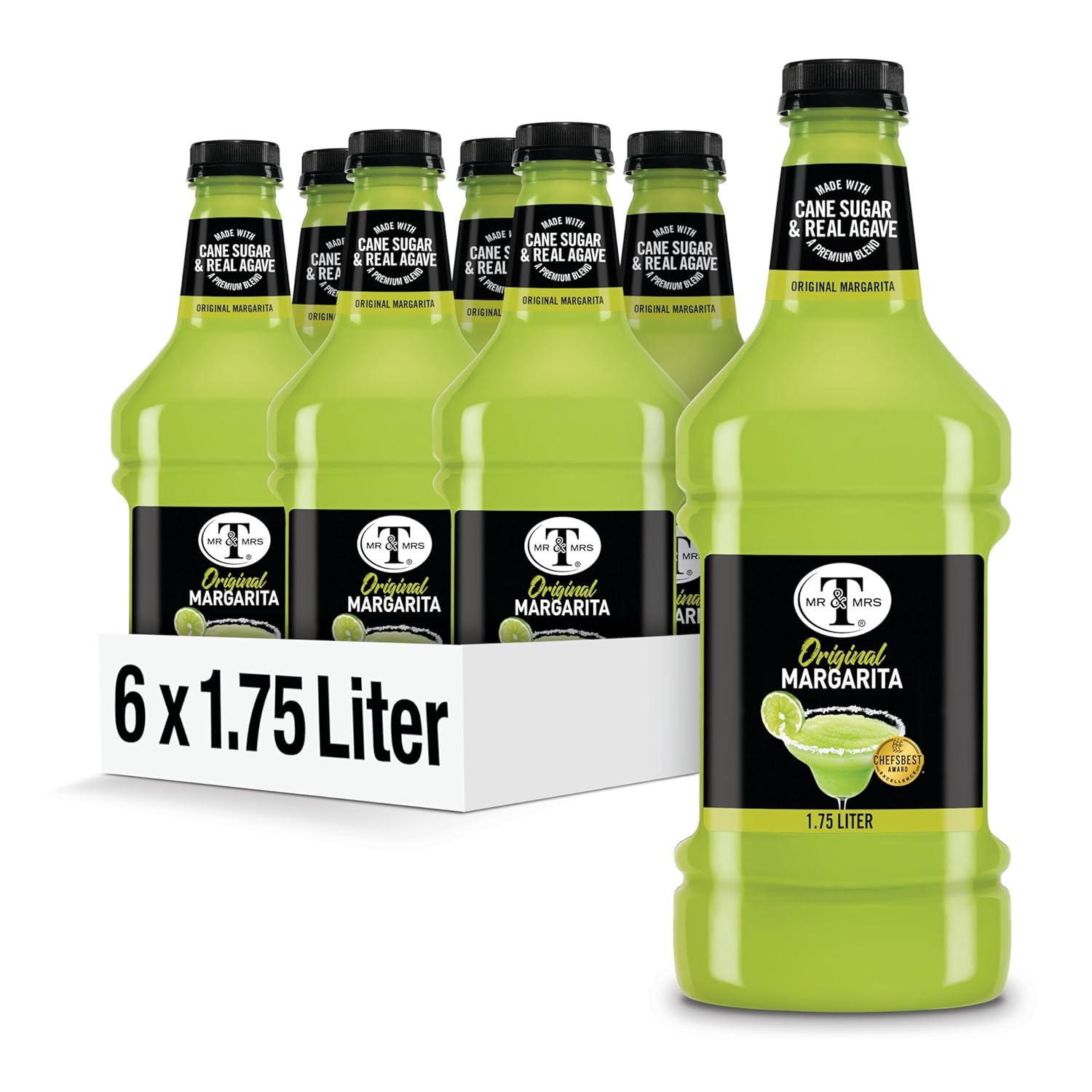 Mr & Mrs T Margarita Mix, 1.75 L bottle (Pack of 6), Tangy Lime Blend Flavored Cocktail Mixer, Made with Cane Sugar, Perfect for Traditional Margarita and Mocktail Drinks