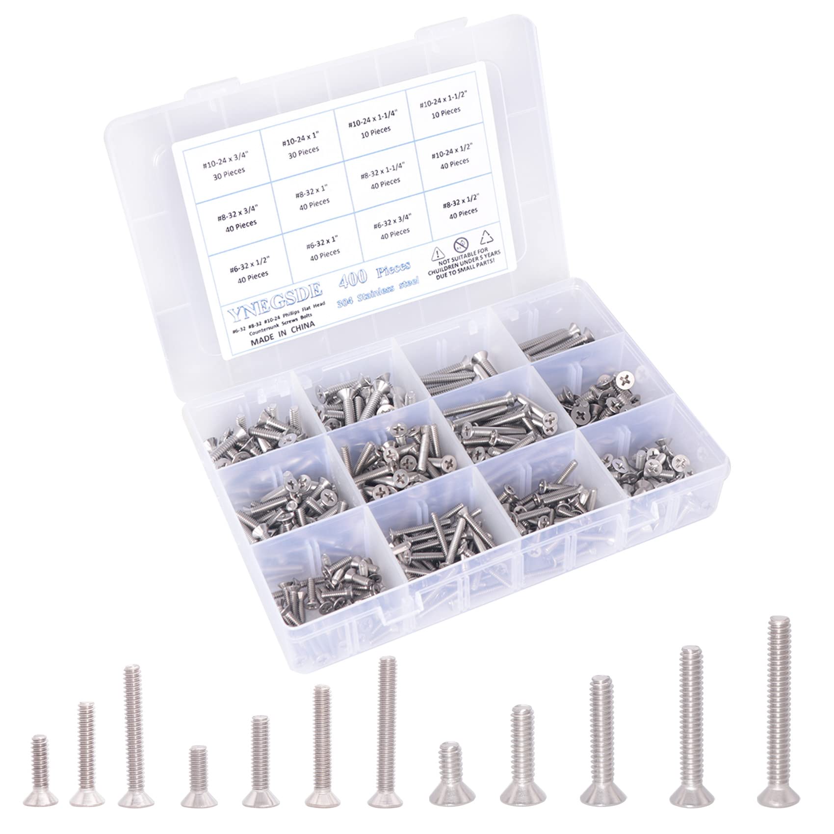 Machine Screw Assortment Kit #6-32/ #8-32/ #10-24 Phillips Flat Head Countersunk Machine Screws Bolts, 304 Stainless Steel, Fully Machine Thread -