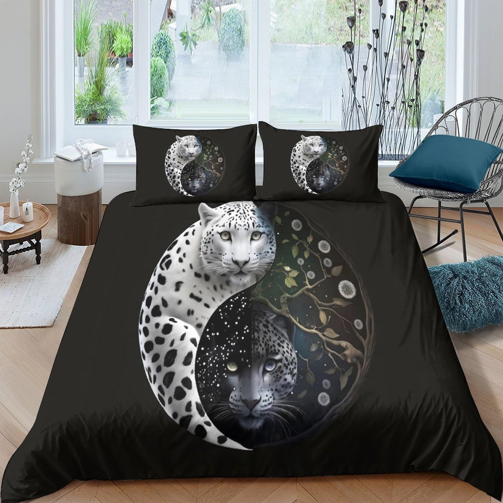 GPLZQXKJNH 3D Printed Yin Yang Leopard Duvet Cover Microfiber Soft Breathable Moon Galaxy Bedding Set with 2 Pillowcases for Bedroom Decor Single（135x200cm）